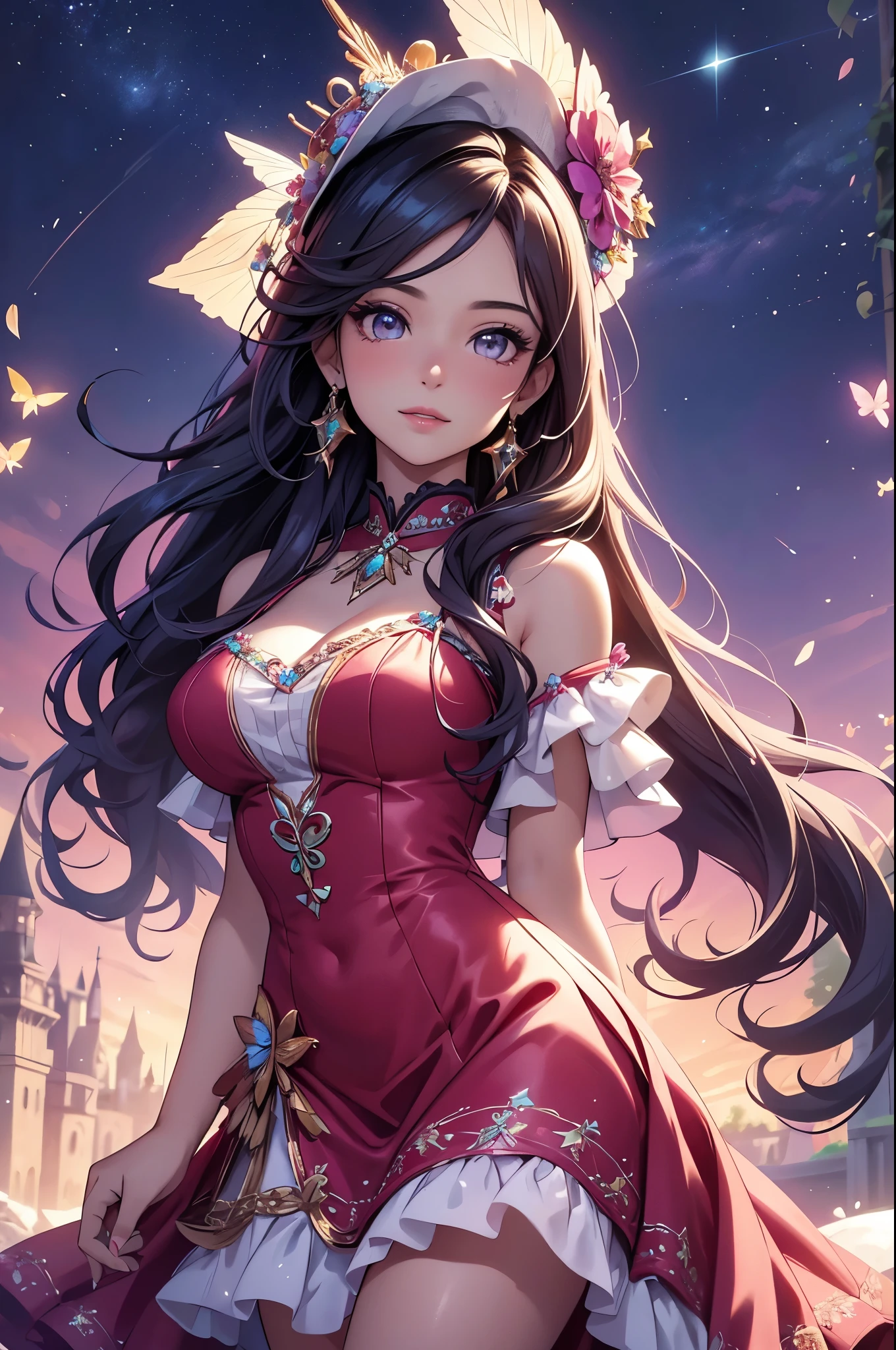 (best quality,4k,8k,highres,masterpiece:1.2),ultra-detailed,(realistic,photorealistic,photo-realistic:1.37),acrylic painting,beautiful Latina model in a Lolita dress with downy hair,beautiful Latina model with extremely colorful hair and detailed facial features,beautiful Latina model standing in a beautiful garden surrounded by a starry sky,beautiful Latina model wearing a vibrant Lolita dress,beautiful Latina model with intricate accessories and a matching hat,beautiful Latina model posing gracefully with her hands on her hips,beautiful Latina model with long flowing twintails,beautiful Latina model with bright blue eyes and rosy lips,beautiful Latina model with a joyful expression,beautiful Latina model in a dynamic pose with cherry blossoms falling around her,beautiful Latina model surrounded by colorful flowers and butterflies,beautiful Latina model's dress adorned with cute bows and lace details,beautiful Latina model with an enchanting smile,beautiful Latina model with soft, pastel-colored shading,beautiful Latina model with a magical glow illuminating her,beautiful Latina model in a picturesque setting with a winding path leading to a magnificent castle,beautiful Latina model holding a microphone and singing passionately,beautiful Latina model with a fairytale-like background,beautiful Latina model with a soft, dreamy atmosphere,beautiful Latina model with a subtle bokeh effect,beautiful Latina model standing under a moonlit sky,beautiful Latina model with a warm, golden sunset in the background,beautiful Latina model surrounded by twinkling stars and colorful nebulae,creating an ethereal and captivating artistic masterpiece. 