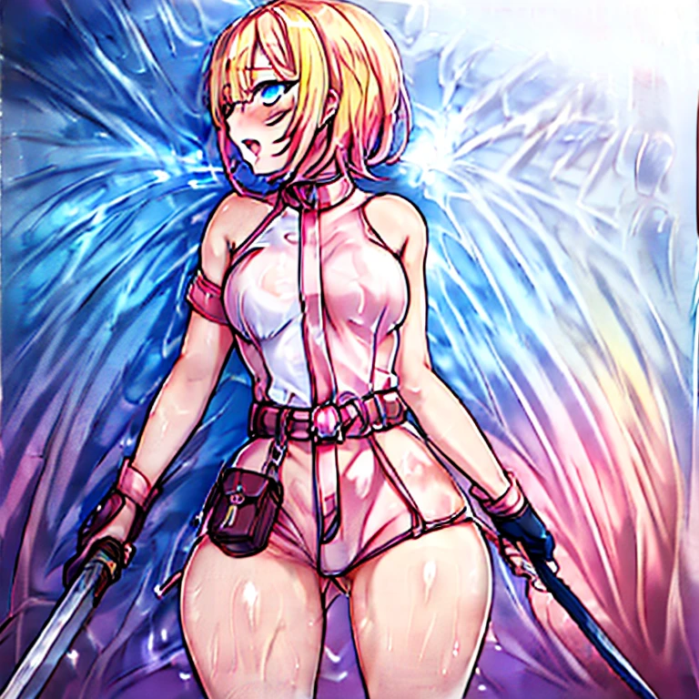 gwenpool, 1girl, weapon, blonde hair, multicolored hair, solo, blue eyes, sword, pouch, superhero, short hair, gradient hair, open mouth, belt, two-tone hair, pink hair, , gloves, belt pouch