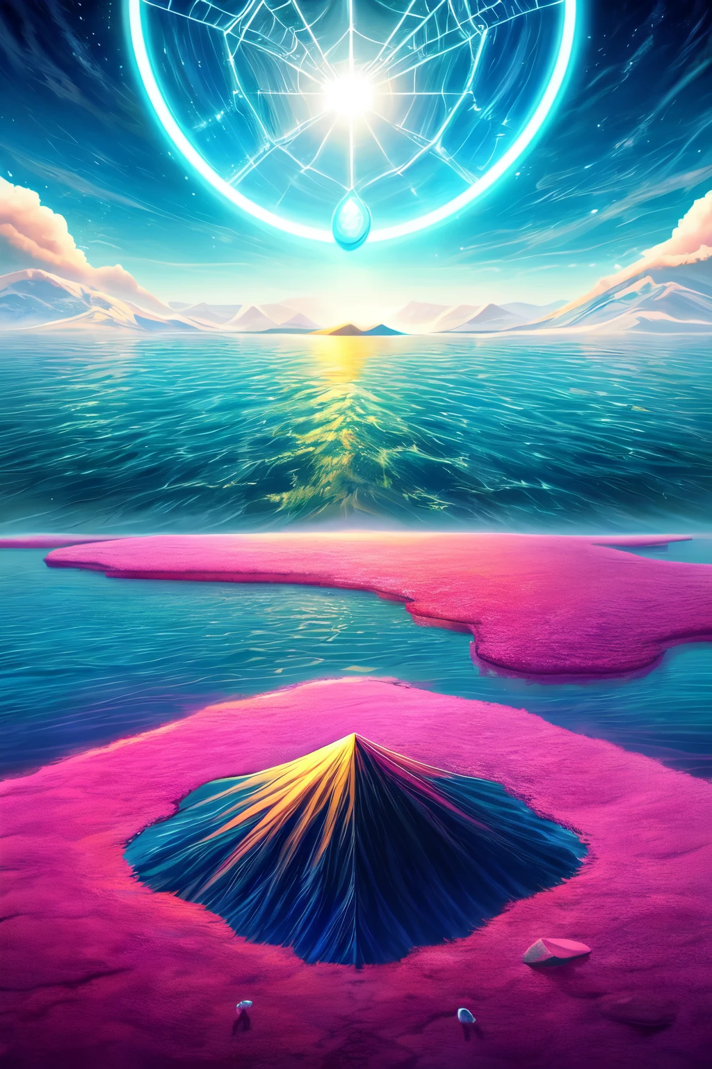 ((highest quality)), ((masterpiece)), (detailed), Perfect Contrast,web3、Mysterious、Vivid sky、Contrast、The sea reflecting the sky、Clear skies、symmetry、green、Neon Pink、Uyuni salt lake、The World of Lassen、Mr.々Animals、Earth、Bitcoin、Ethereum、Background of Blockchain