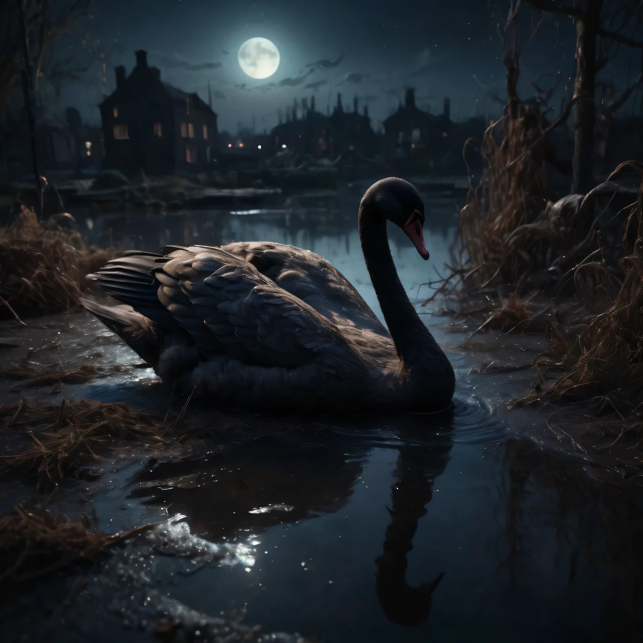 The most detailed and intricate a contaminated ground, a black swan growing over a carcass, photorealism, intricate details, extremely detailed masterpiece, outstanding intricacies, best quality, hires textures, high details, incredibly detailed, cinematic lighting. at night, cinematic photography, movie mood, cinematic light, compelling composition storytelling elements, conveys emotion, and narrative depth, nocturnal beauty, stary skies, celestial wonders,moonlit landscapes, urban glow, capturing the essence of darkness, ethereal atmosphere, dramatic shadows magical ambience, long exposure techniques, expert use of light source landscapes imaginable, inspired by neo noir style, capturing every minute detail and emotion, lifelike eyes filled with depth and soul, textured brushstrokes revealing textures imperfections, expertly rendered extraordinary landscapes with a touch of epic masterpiece, 16k , 4D cinematic lighting, 4D cinematic motion, dramatic shadows