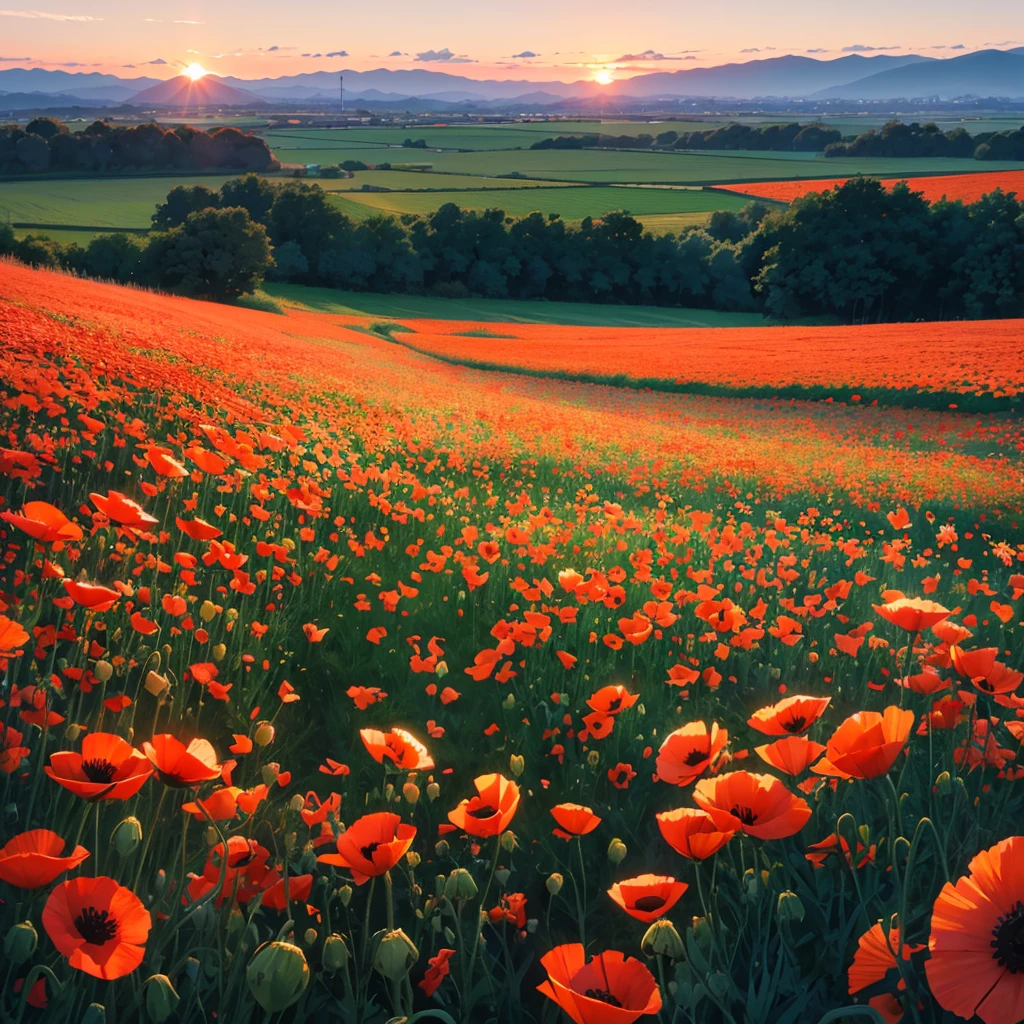 Poppy field at sunset