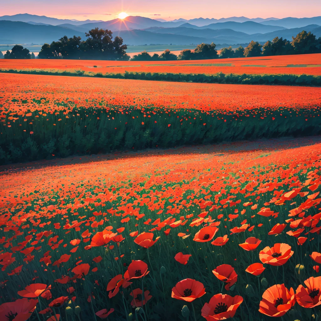 Poppy field at sunset