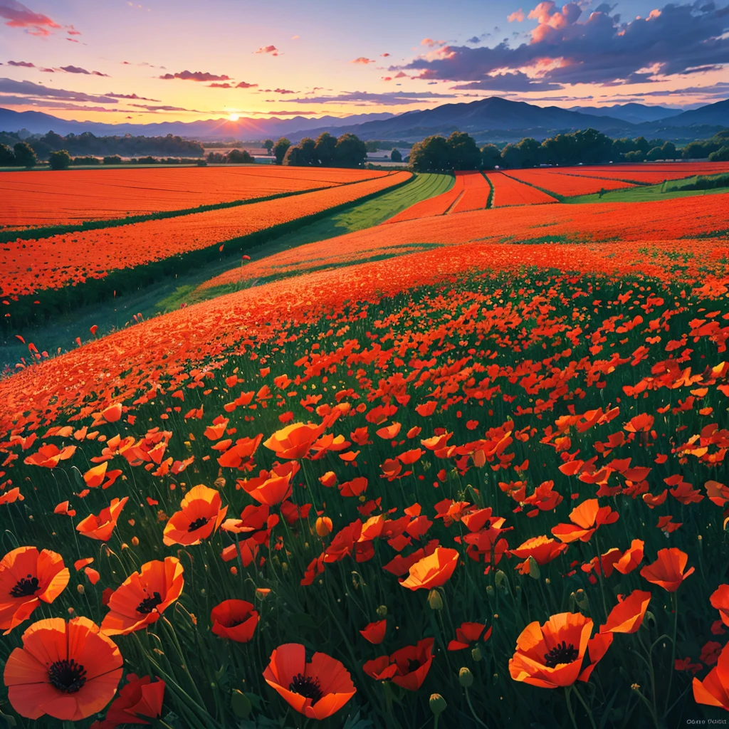 Poppy field at sunset