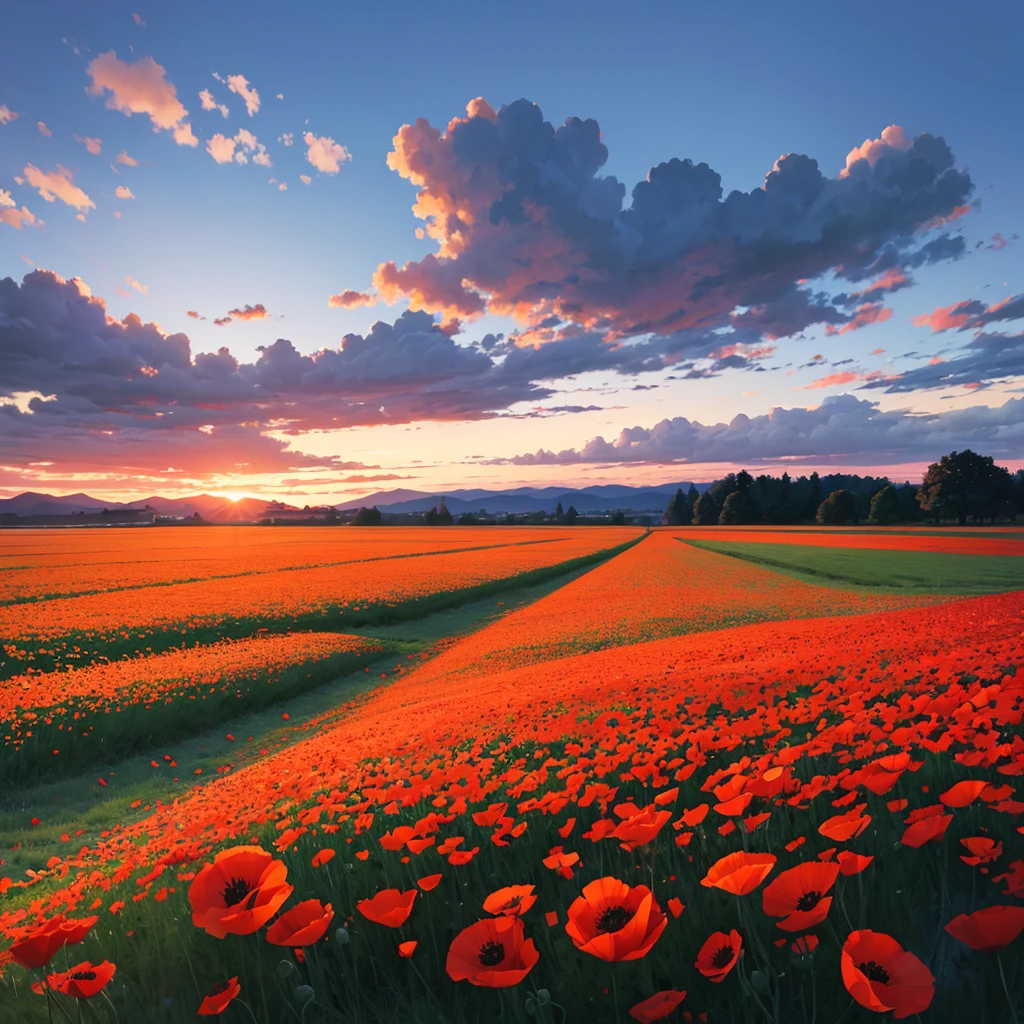 Poppy field at sunset