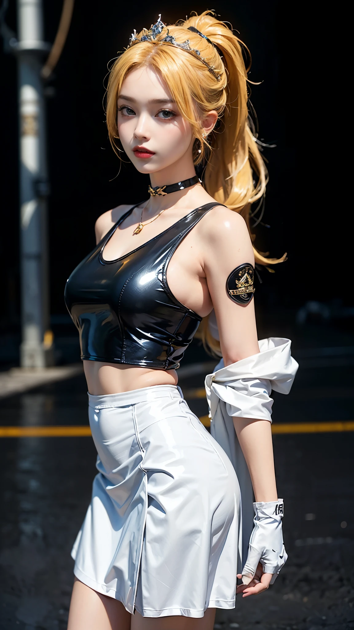 ((masterpiece:1.4)、(top-quality:1.4)、(reallistic:1.7))、masuter piece:1.4、a beauty girl、(sailormoon:1.4)、Sexy female combat suit sticking to body、(latex shiny)、(The jacket is a white sleeveless sailor suit)、(Skirt is blue sexy ultra ultra mini skirt)、The collar of the sailor suit is blue with two thin lines.、Red cloth ornament at chest、(Wearing white gloves)、Kawaii Girl、Super beauty、foco nítido、Portrait photos、Upper body photography:1.4、beautiful countenance、beautidful eyes、Narrow waist、(Yellow hair:1.4)、length hair:1.2、Raw photo、red-lips、Red boots:1.4、a choker:1.4、a necklace:1.4、耳Nipple Ring:1.4、1 screen display、Outdoor landscape