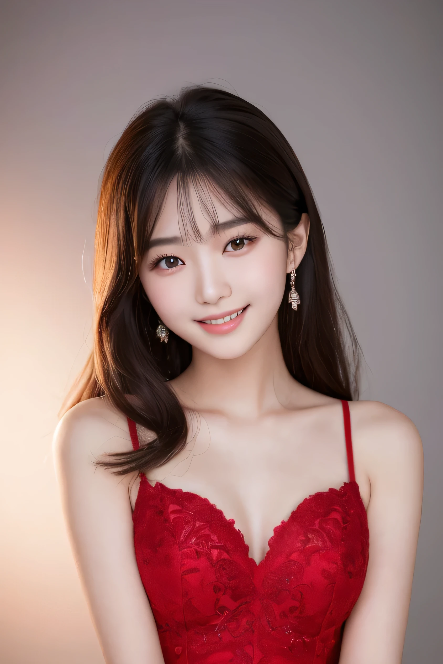 Korean Girls, 18-year-old, A stunning face, Wearing a bright red gown, Elegant half-body shot, Taken with high resolution photos. Gray blurry background, Improve image resolution and detail. The girl smiles gently, Her eyes shine like stardust, Adding glamour to ultra-realistic captures. bust, What&#39;Hiding under a yellow dress?, Show off your perfect anatomy. The soft light of nature envelops the scenery., Create a white aura around the girl