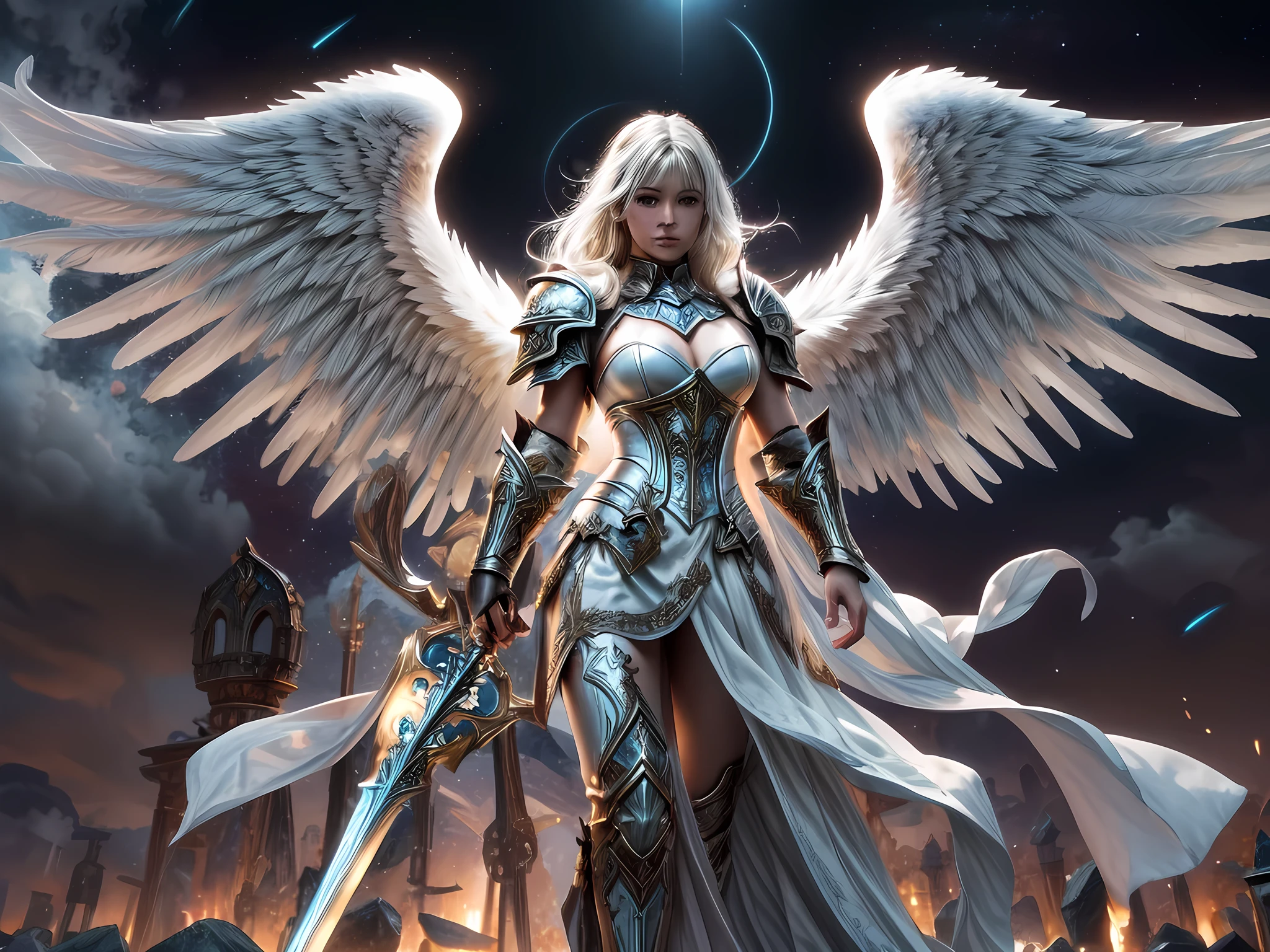 16K, ultra detailed, masterpiece, best quality, (extremely detailed), arafed, dnd art, portrait, full body, aasimar, female, (Masterpiece 1.3, intense details), female, paladin, holy warrior fighting undead (Masterpiece 1.3, intense details) large angelic wings, white angelic wings spread (Masterpiece 1.3, intense details), dark fantasy cemetery background, moon light, moon, stars, clouds, wearing (white: 1.1)  armor (Masterpiece 1.3, intense details), holy symbol, armed with sword, short blond hair,  detailed face, (Masterpiece 1.5, best quality), anatomically correct (Masterpiece 1.3, intense details), angel_wings, determined face, god rays, cinematic lighting, glowing light, silhouette, from outside, photorealism, panoramic view  (Masterpiece 1.3, intense details) , Wide-Angle, Ultra-Wide Angle, 8k, highres, best quality, high details, armored dress