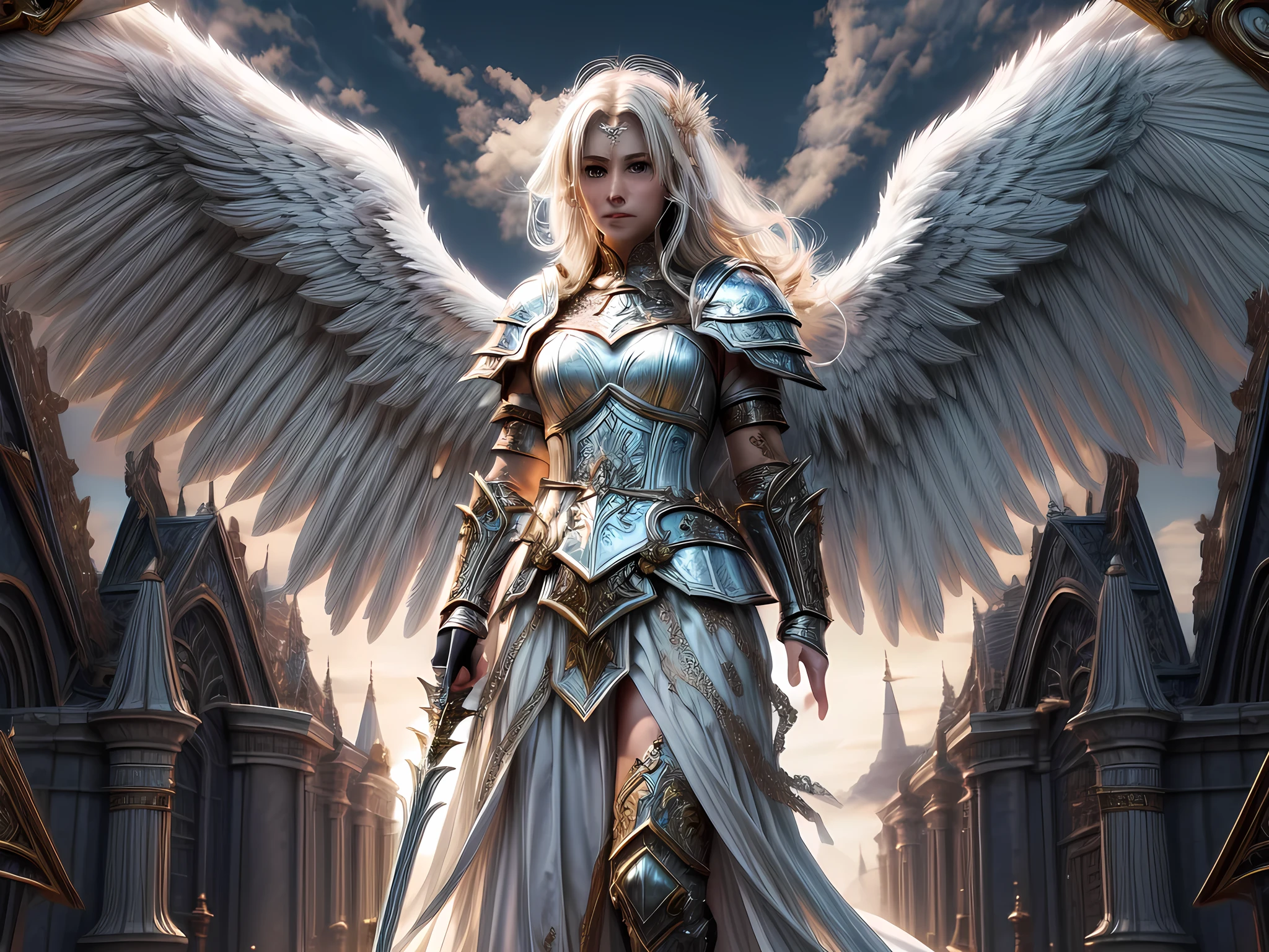 16K, ultra detailed, masterpiece, best quality, (extremely detailed), arafed, dnd art, portrait, full body, aasimar, female, (Masterpiece 1.3, intense details), female, paladin, holy warrior fighting undead (Masterpiece 1.3, intense details) large angelic wings, white angelic wings spread (Masterpiece 1.3, intense details), dark fantasy cemetery background, moon light, moon, stars, clouds, wearing (white: 1.1)  armor (Masterpiece 1.3, intense details), holy symbol, armed with sword, short blond hair,  detailed face, (Masterpiece 1.5, best quality), anatomically correct (Masterpiece 1.3, intense details), angel_wings, determined face, god rays, cinematic lighting, glowing light, silhouette, from outside, photorealism, panoramic view  (Masterpiece 1.3, intense details) , Wide-Angle, Ultra-Wide Angle, 8k, highres, best quality, high details, armored dress