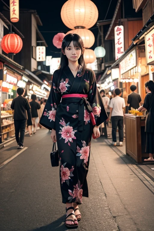 40Woman in her 20s、Long straight black hair、Floral yukata、Wearing geta sandals, walking through the night market streets、Crouching with cotton candy in one hand、View from the front