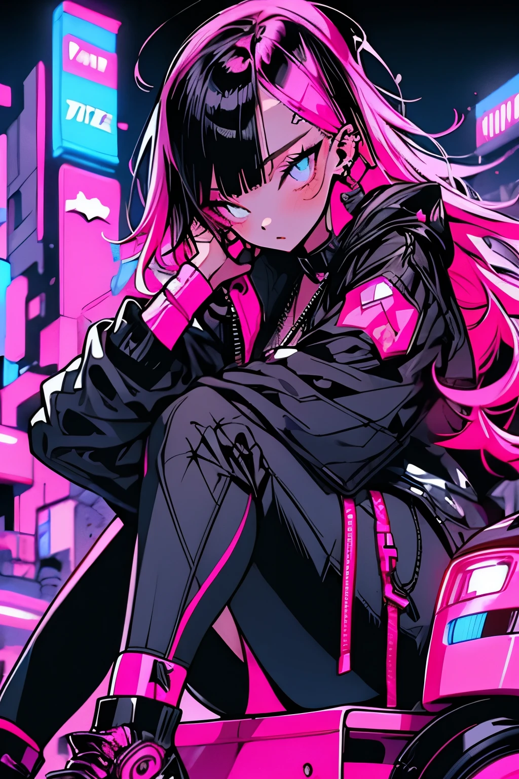 girl, Pink Long Hair, Cool black open short jacket, Tattoo, Messy fade cut hair, crazy, Sitting pose, Futuristic neon night city background,put