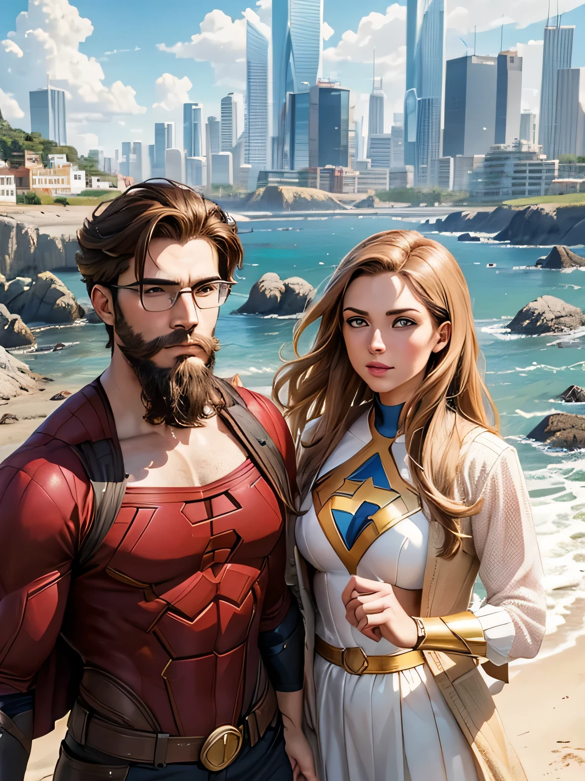 a couple, a man with a beard, brown hair and glasses, a young blonde woman, super hero clothes, super hero style, in a coastal landscape, with super heroes flying, skyscrapers