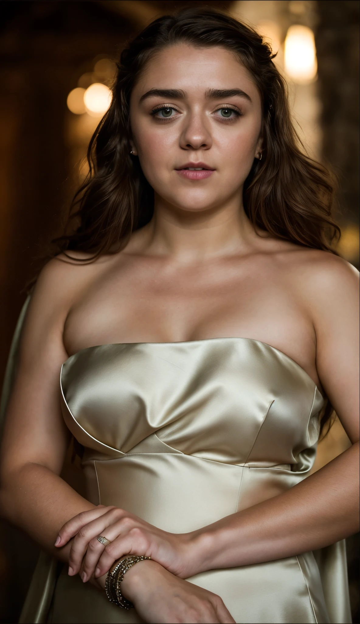 Foto RAW, Arya Stark, Stunning Beauty, Ravishing, Enchantress, Extremely gorgeous lady, Arya Stark PLAYED BY MAISIE WILLIAMS, Queen Arya Stark, she  a mature woman now, milf, sexy mediaeval battle dress, gladiator woman, body, 40 years old Woman, Roman slave dress, cotton dress, busty mediaeval costumes, body revealing costumes, perky breast, big natural breast, erotic costumes, lusty physique, seductive figure can capture every people's attention, Game of thrones costumes, revealing captivating figure, Mediaeval costumes, revealing clothes, A tomboy, she would rather fence than dance, warrior queen , game of thrones screen caps, Game of Thrones Series, (pele altamente detalhada: 1.2), 8k UHD, DSLR, soft-lighting, alta qualidade, grain of film, Fujifilm XT3, flawless picture, highly detailed, detailed Beauty, intricate, 32k, sharp picture,