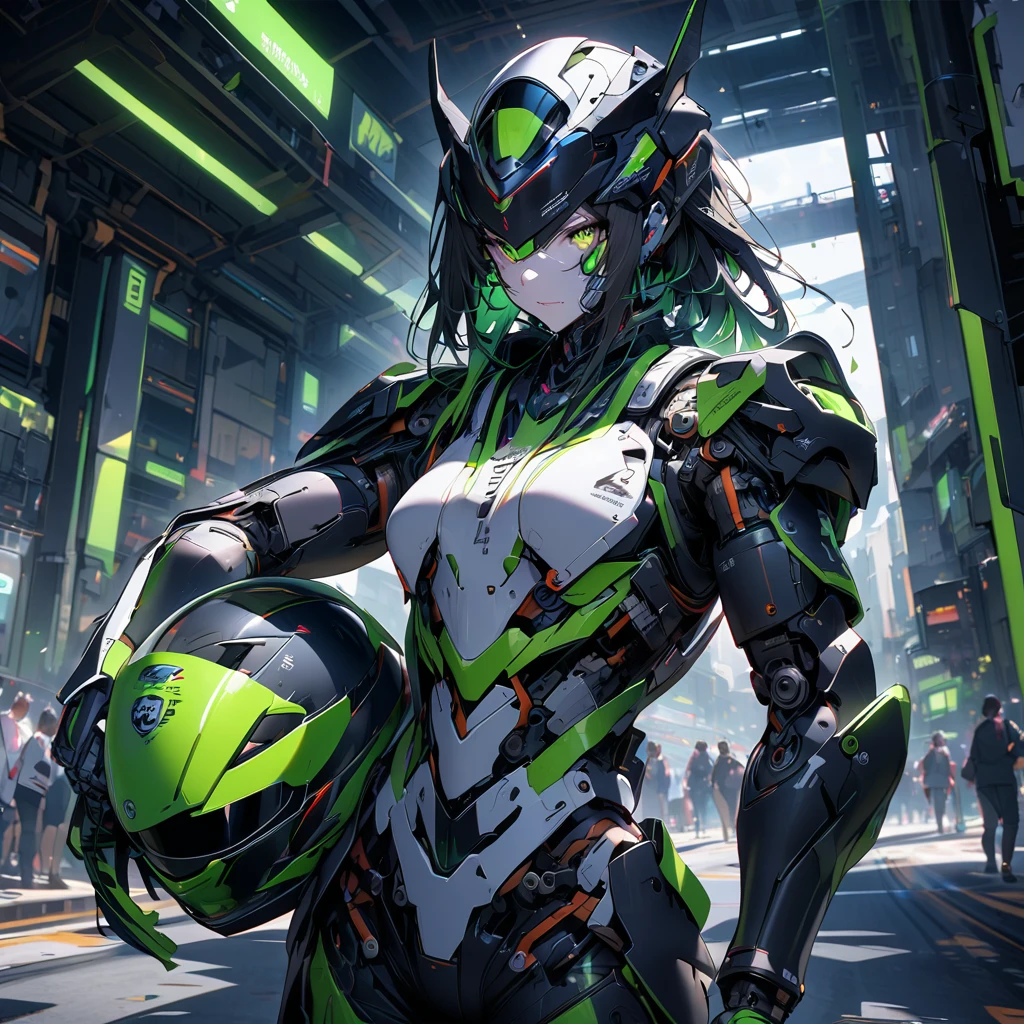 High quality, high definition images, full HD、
8k.(1 white long hair ai cyborg girl )、(black on white cyborg body) , many mechanisms are visible,Many green lights on the exterior、circuit of the future,A large number of spectators in the stands, White and black futuristic racing car, green neon lights on the exterior,Holding a white racing helmet under his arm,