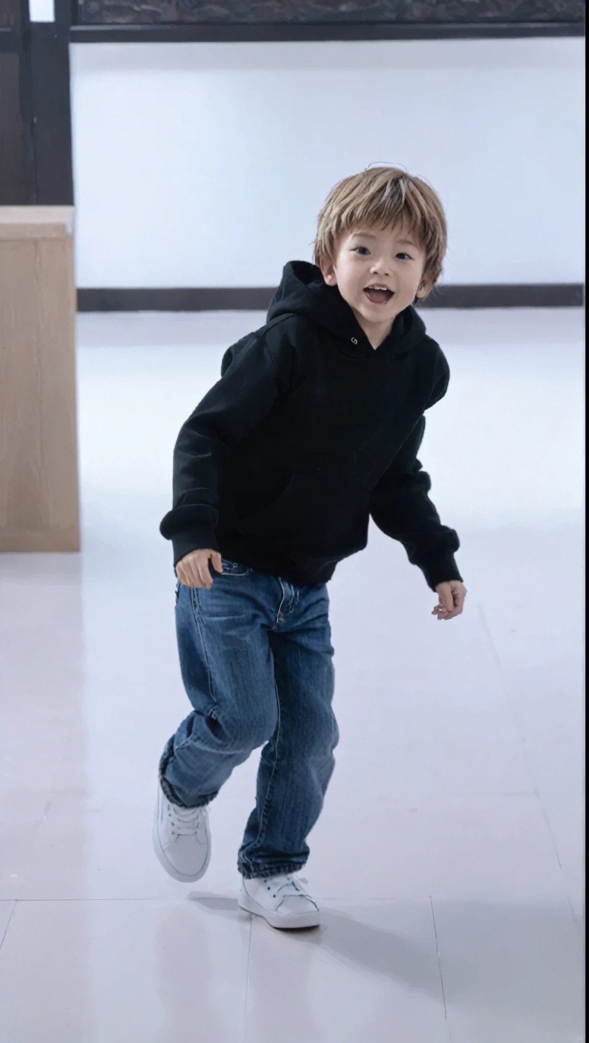 There was a little boy standing in a room, He's dancing, Wearing jeans and a black hoodie