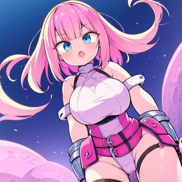 gwenpool, 1girl, weapon, blonde hair, multicolored hair, solo, blue eyes, sword, pouch, superhero, short hair, gradient hair, open mouth, belt, two-tone hair, pink hair, breasts, gloves, belt pouch
