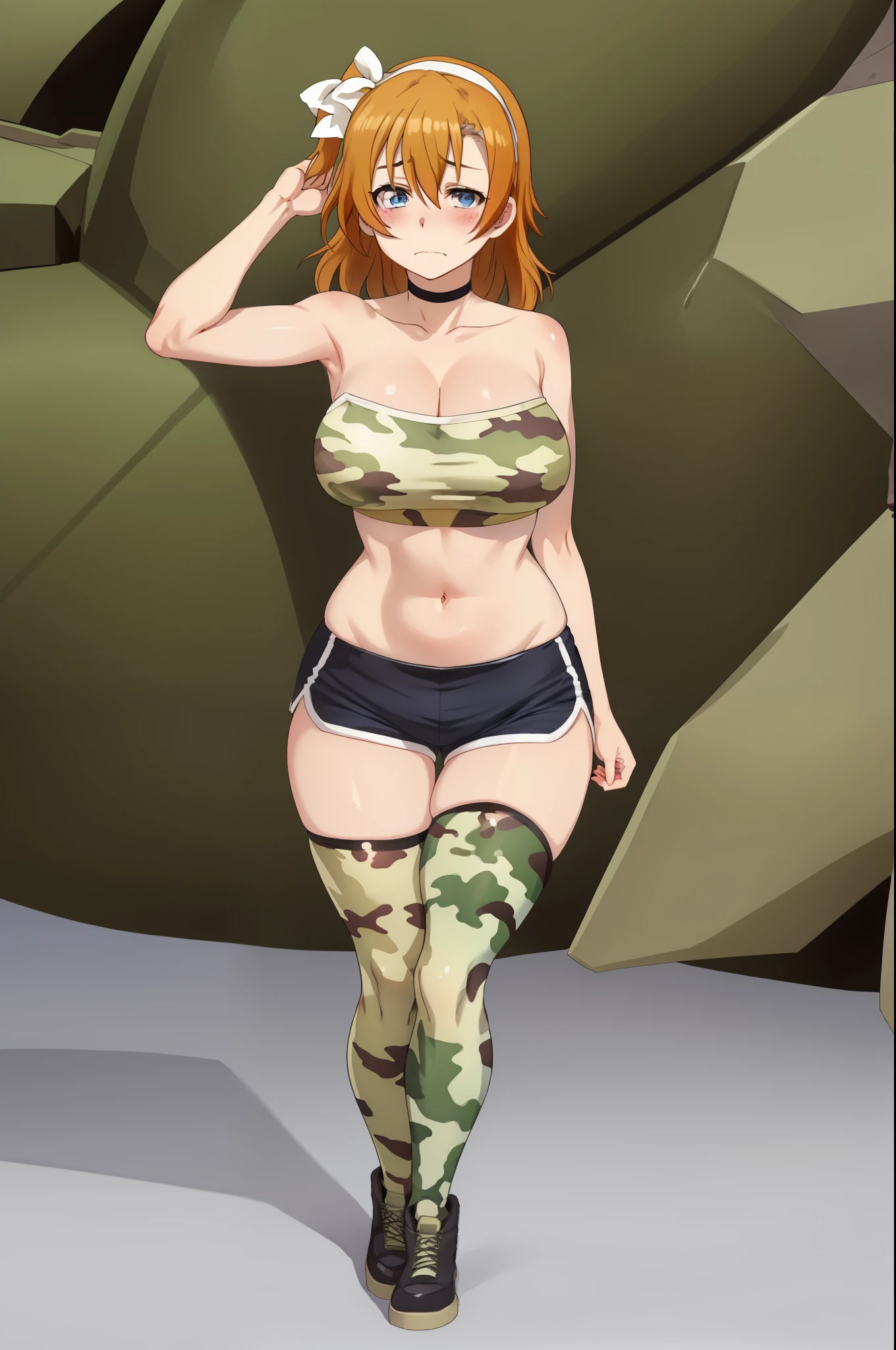 Kousaka honoka, blue eyes, white head band,sad, strapless crop top, Camouflage paint,army shorts, Camouflage print thighhighs, thighs strap,big breasts,thicc , curvy body