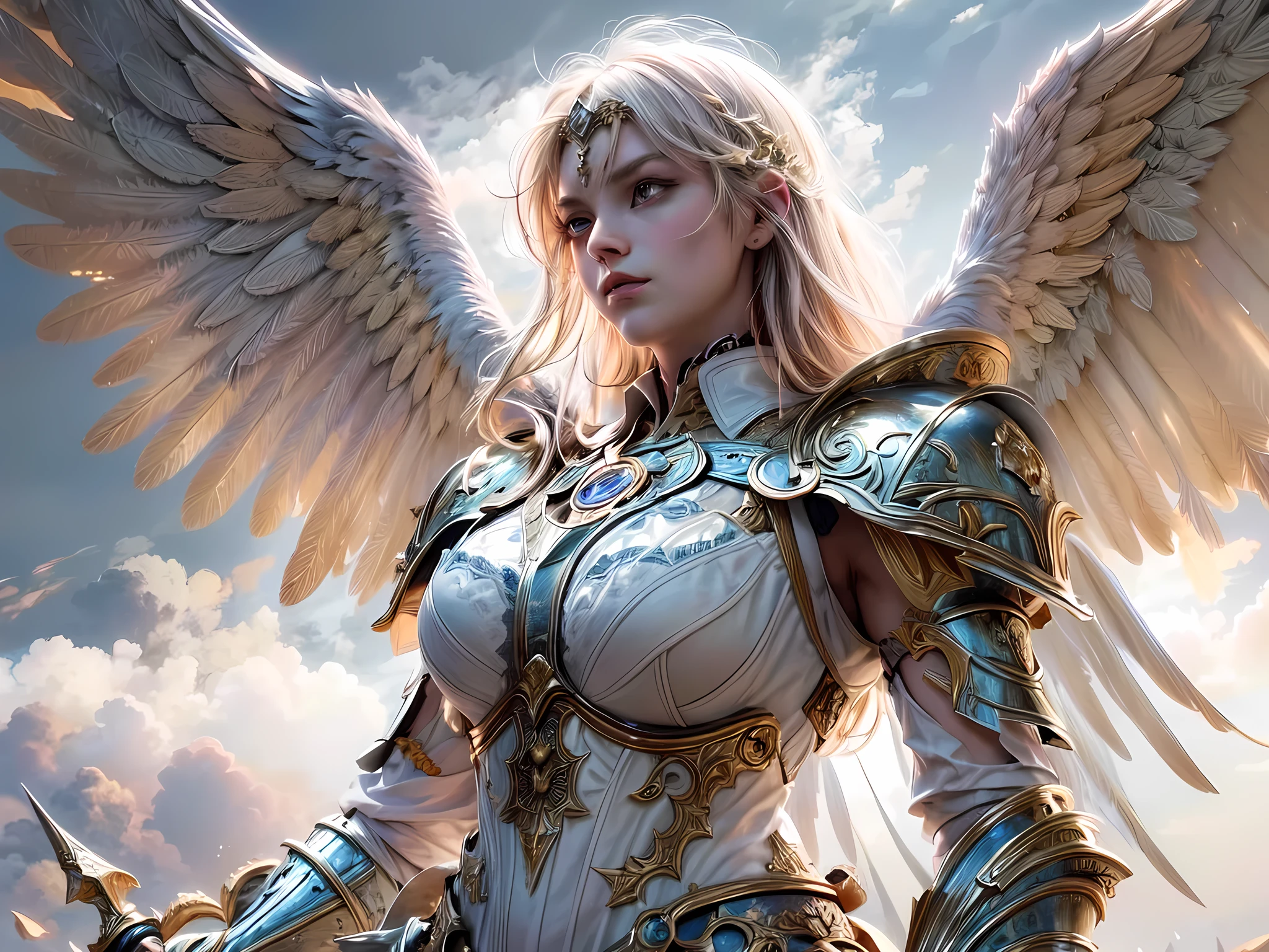 16K, ultra detailed, masterpiece, best quality, (extremely detailed), arafed, dnd art, portrait, full body, aasimar, female, (Masterpiece 1.3, intense details), female, paladin, holy warrior fighting undead (Masterpiece 1.3, intense details) large angelic wings, white angelic wings spread (Masterpiece 1.3, intense details), dark fantasy cemetery background, moon light, moon, stars, clouds, wearing (white: 1.1)  armor (Masterpiece 1.3, intense details), holy symbol, armed with sword, short blond hair,  detailed face, (Masterpiece 1.5, best quality), anatomically correct (Masterpiece 1.3, intense details), angel_wings, determined face, god rays, cinematic lighting, glowing light, silhouette, from outside, photorealism, panoramic view  (Masterpiece 1.3, intense details) , Wide-Angle, Ultra-Wide Angle, 8k, highres, best quality, high details, armored dress