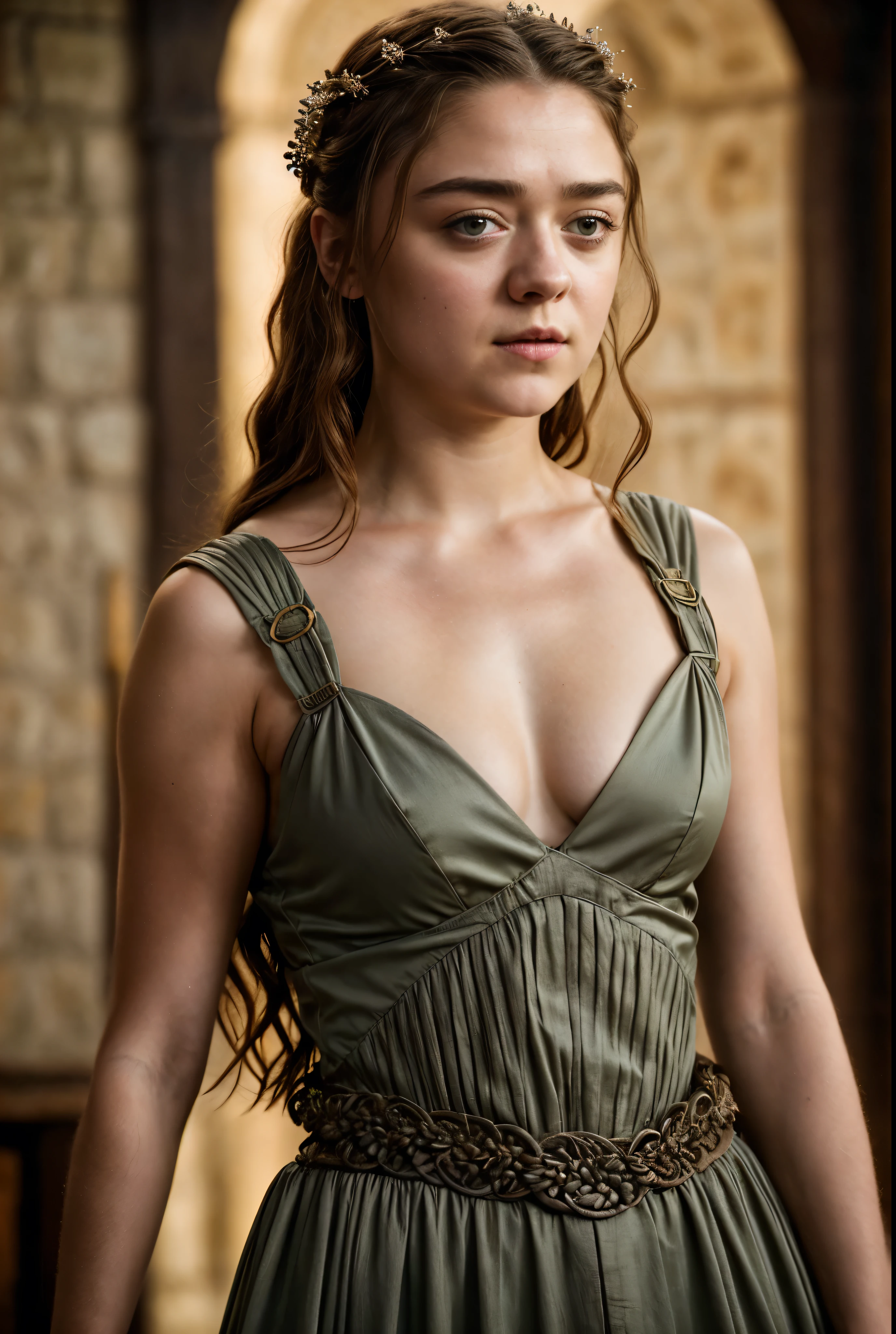 Foto RAW, Arya Stark, Extremely gorgeous lady, Arya Stark PLAYED BY MAISIE WILLIAMS, Queen Arya Stark, she  a mature woman now, milf, sexy mediaeval battle dress, gladiator woman, body, 40 years old Woman, Roman slave dress, cotton dress, busty mediaeval costumes, body revealing costumes, perky breast, big natural breast, erotic costumes, lusty physique, seductive figure can capture every people's attention, Game of thrones costumes, revealing captivating figure, Mediaeval costumes, revealing clothes, A tomboy, she would rather fence than dance, warrior queen , game of thrones screen caps, Game of Thrones Series, (pele altamente detalhada: 1.2), 8k UHD, DSLR, soft-lighting, alta qualidade, grain of film, Fujifilm XT3, flawless picture, highly detailed, detailed Beauty, intricate, 32k, sharp picture, closed mouth, 