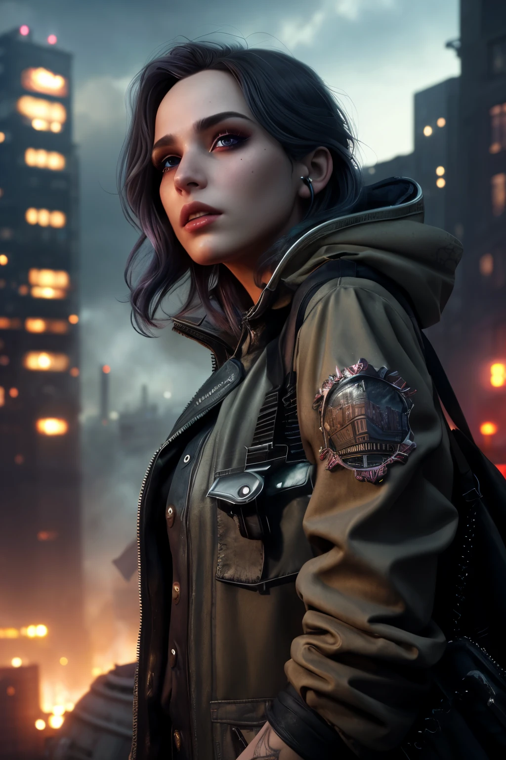 air pollution, widescreen, cityscape, woman