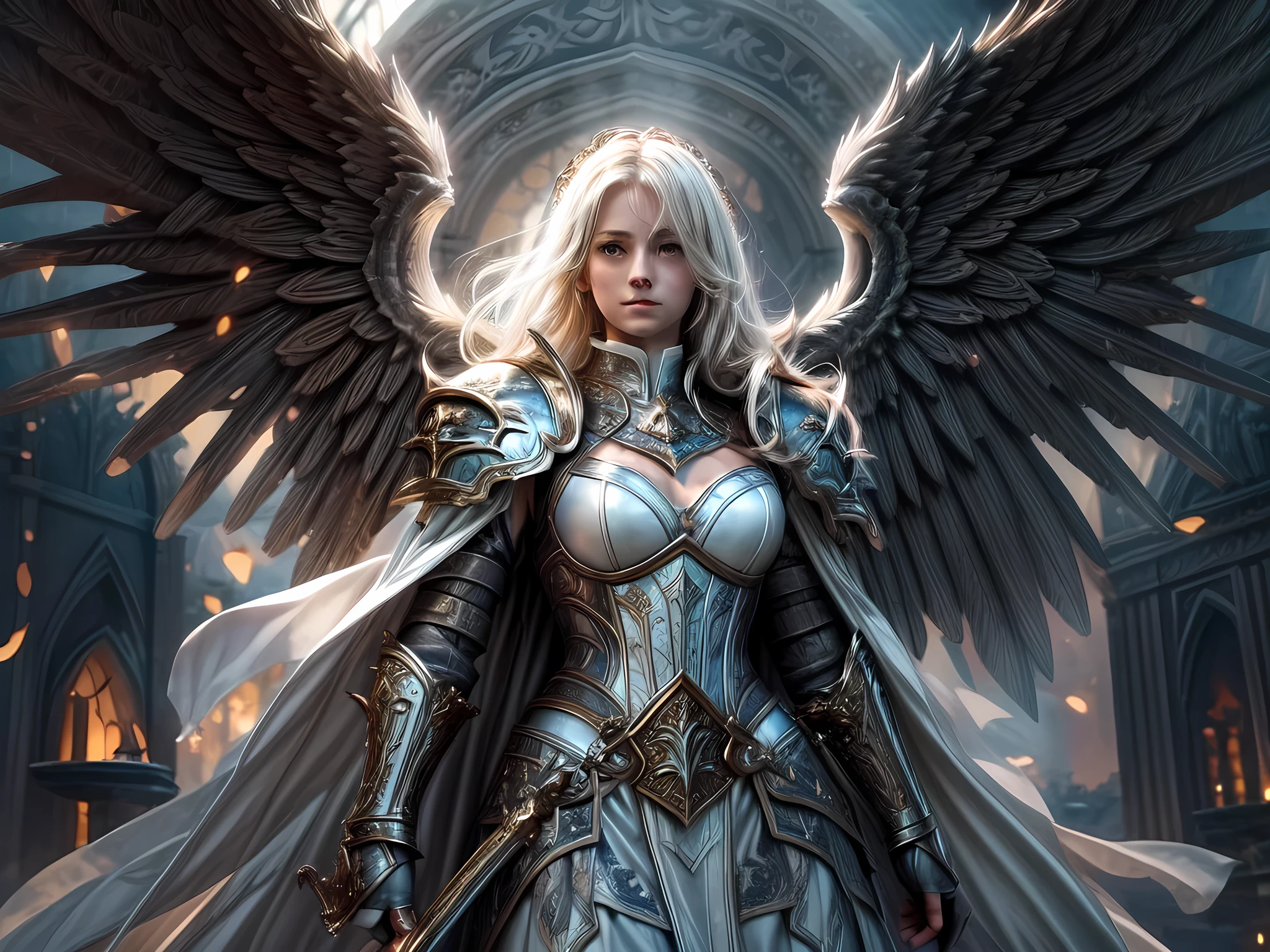 16K, ultra detailed, masterpiece, best quality, (extremely detailed), arafed, dnd art, portrait, full body, aasimar, female, (Masterpiece 1.3, intense details), female, paladin, holy warrior fighting undead (Masterpiece 1.3, intense details) large angelic wings, white angelic wings spread (Masterpiece 1.3, intense details), dark fantasy cemetery background, moon light, moon, stars, clouds, wearing (white: 1.1)  armor (Masterpiece 1.3, intense details), holy symbol, armed with sword, short blond hair,  detailed face, (Masterpiece 1.5, best quality), anatomically correct (Masterpiece 1.3, intense details), angel_wings, determined face, god rays, cinematic lighting, glowing light, silhouette, from outside, photorealism, panoramic view  (Masterpiece 1.3, intense details) , Wide-Angle, Ultra-Wide Angle, 8k, highres, best quality, high details, armored dress