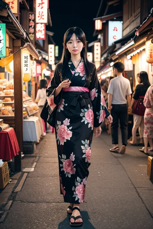 ４０Woman in her 20s、Long straight black hair、Floral yukata、Wearing geta sandals, walking through the night market streets、Crouching with cotton candy in one hand、View from the front