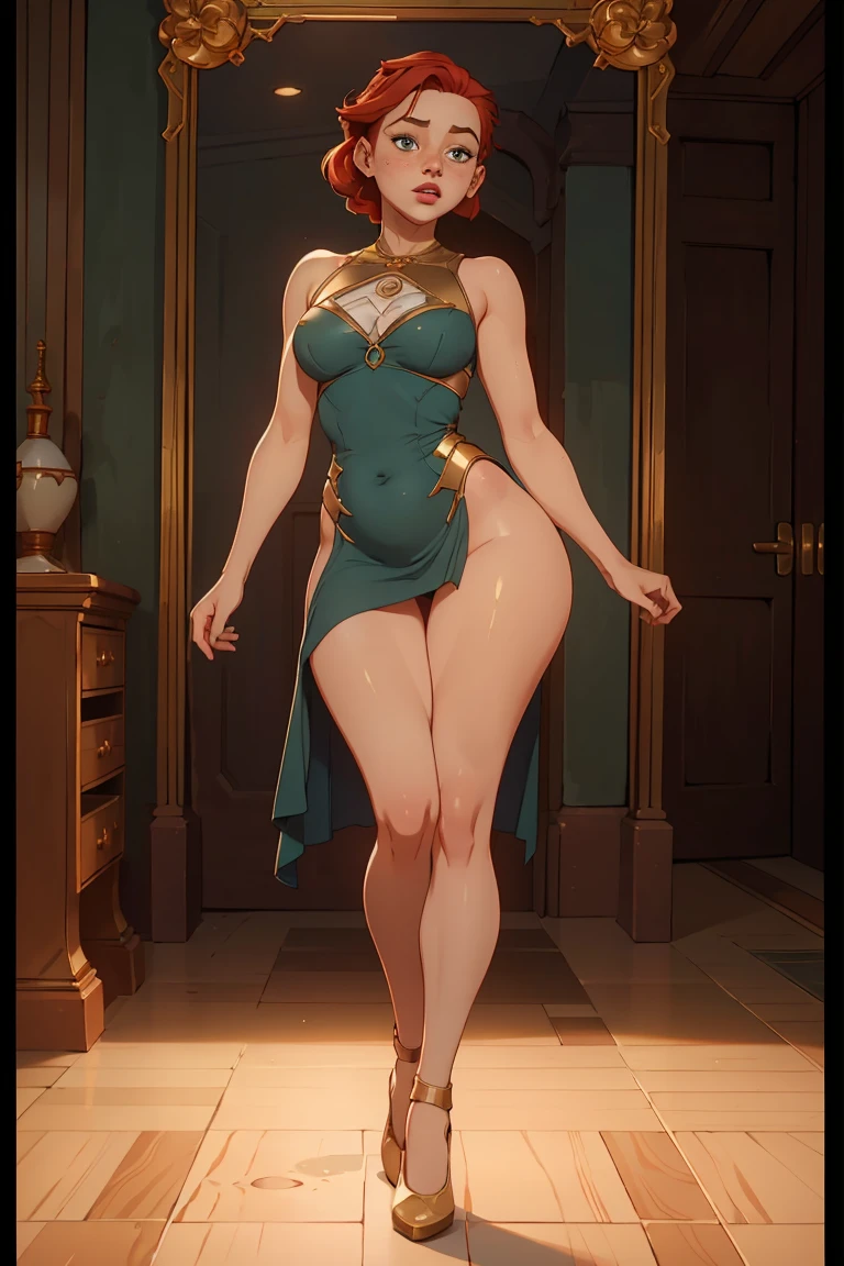 jennifer lawrence, 1girl, red haired chubby pale girl, green eyes, freckles, half asymetric red hair, cute, small height, stain lipstick, long eyelashes, primer, cream eyeline, ((small breasts)), cute, beautiful, realistic style, highly detailed, 4k, embarrassed expression, (((full-body))), ((golden ratio, center frame)), (((RISA))), face in center of picture ((Chubby)), ((body of sydney sweeney)), wide hips, inflated legs, thick thighs, ((detailed face))))), wearing latin ballroom dress