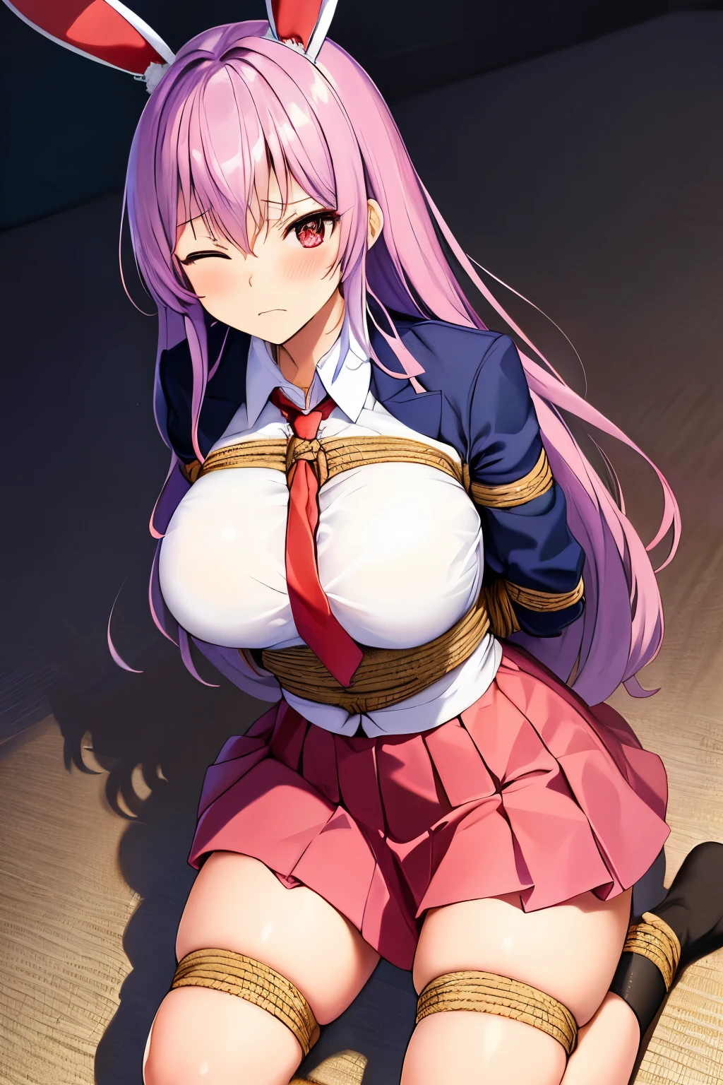 trip, 1 girl, Jacket, uniform, blazer, shirt, red_tie, pink_skirt, (masterpiece, highest quality), High resolution, break ((1 girl)), alone, red noodles, Sweat, ((Make a frown)), (One eye closed), Wink, ((Big Breasts)), Surreal, Very detailed, Detailed face, Very detailedなテクスチャ, (Shiny Hair:1.05), (Shiny skin:0.97), (Big eyes:0.95), Thick thighs, Wide Hips, Thigh-high socks, trip_udongein_Inaba, Bunny ears, (((seiza))), Light purple hair, red eyes, Long Hair, (black blazer), pink pleated skirt, Crescent Badge, ((shibari)), (The rope is wrapped around the body multiple times.), wound with rope, ((bondage)), ((rope bondage)), ((((hands tied behind)))), ((((Put your arms behind your back)))), sit on tatami, Thighs together, Sit on your knees, (((seiza))),