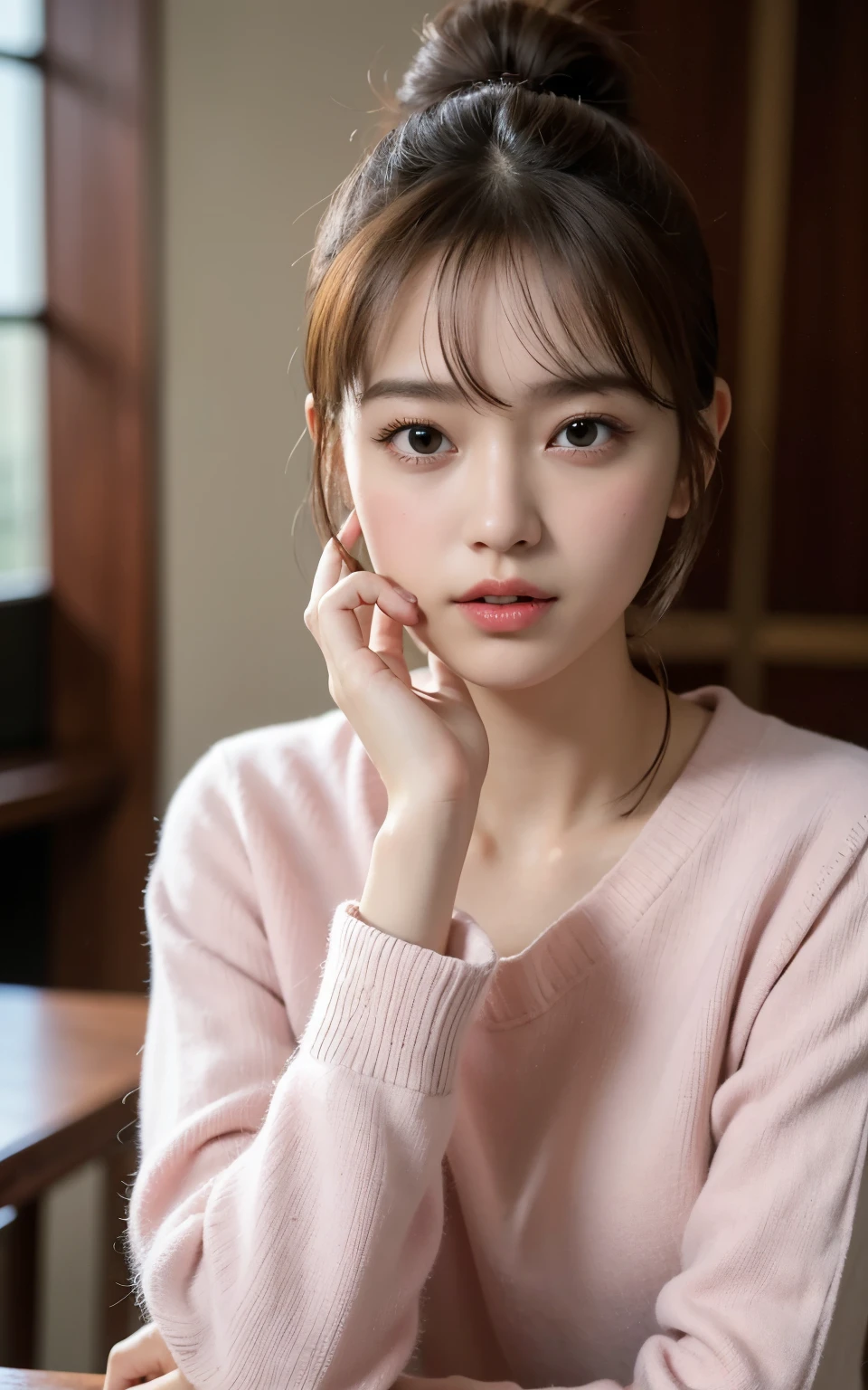 extremely detailed CG unity 8k wallpaper, best quality, ultra-detailed, masterpiece, realistic, photo realistic, extremely detailed cute girl, 25years old, blush, parted lips, round eyes, sweater dress, looking at viewer , half body shot , ponytail