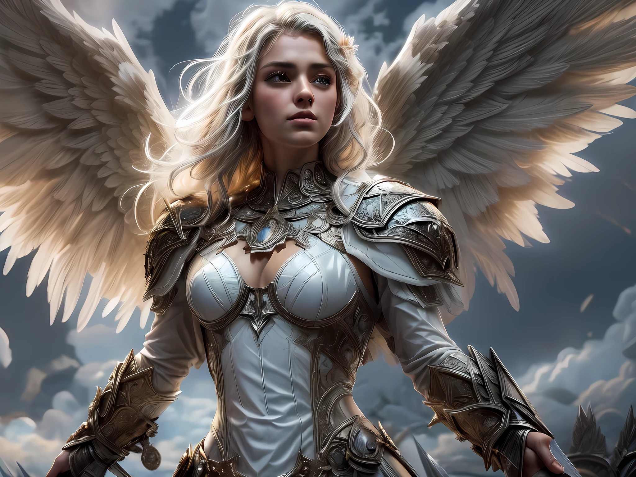 16K, ultra detailed, masterpiece, best quality, (extremely detailed), arafed, dnd art, portrait, full body, aasimar, female, (Masterpiece 1.3, intense details), female, paladin, holy warrior fighting undead (Masterpiece 1.3, intense details) large angelic wings, white angelic wings spread (Masterpiece 1.3, intense details), dark fantasy cemetery background, moon light, moon, stars, clouds, wearing (white: 1.1)  armor (Masterpiece 1.3, intense details), holy symbol, armed with sword, short blond hair,  detailed face, (Masterpiece 1.5, best quality), anatomically correct (Masterpiece 1.3, intense details), angel_wings, determined face, god rays, cinematic lighting, glowing light, silhouette, from outside, photorealism, panoramic view  (Masterpiece 1.3, intense details) , Wide-Angle, Ultra-Wide Angle, 8k, highres, best quality, high details, armored dress