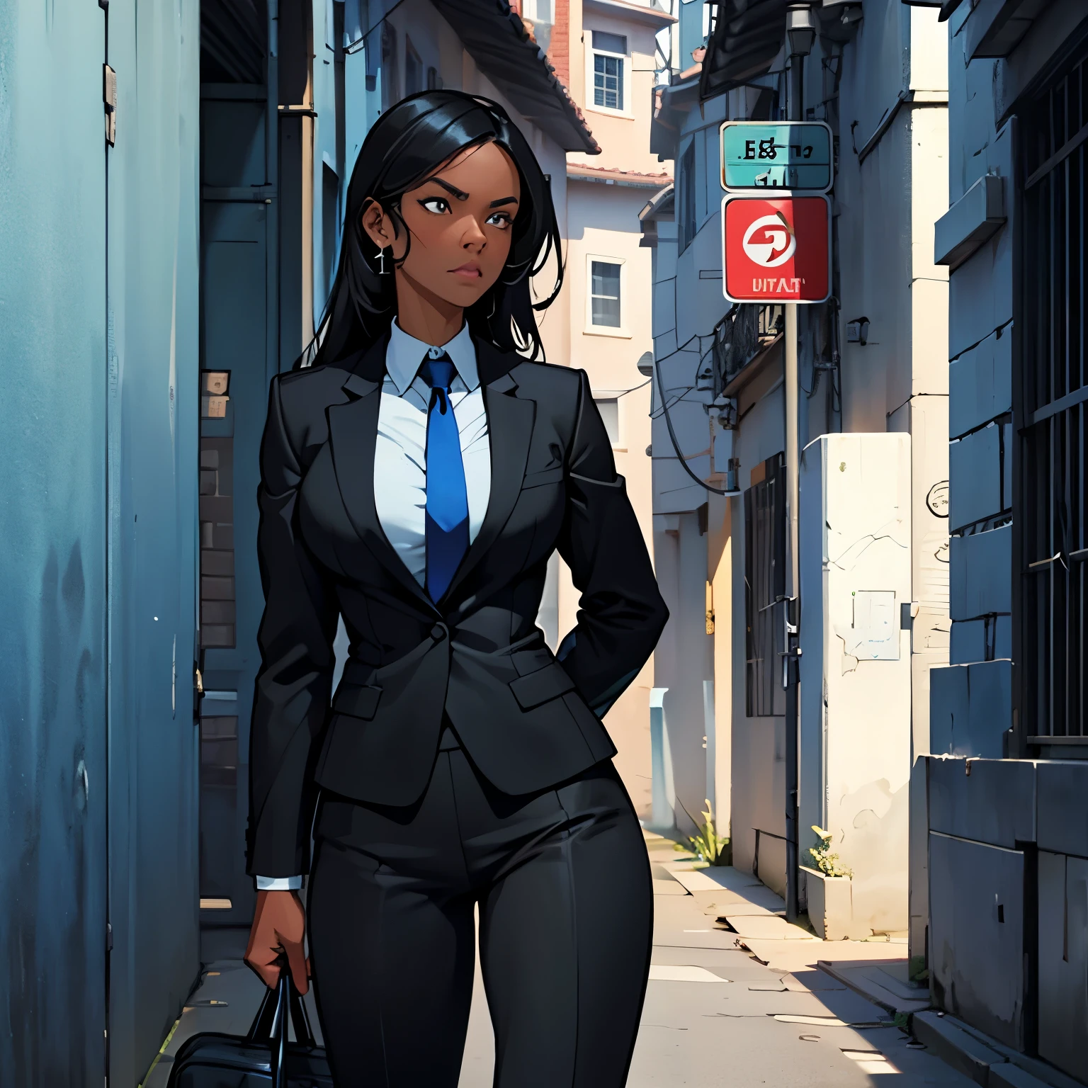 James Bond style secret agent woman, wearing dark with a blue tie, a typical secret agent look. ((Black, African woman)) with black hair, serious appearance, FBI, CIA, KGB