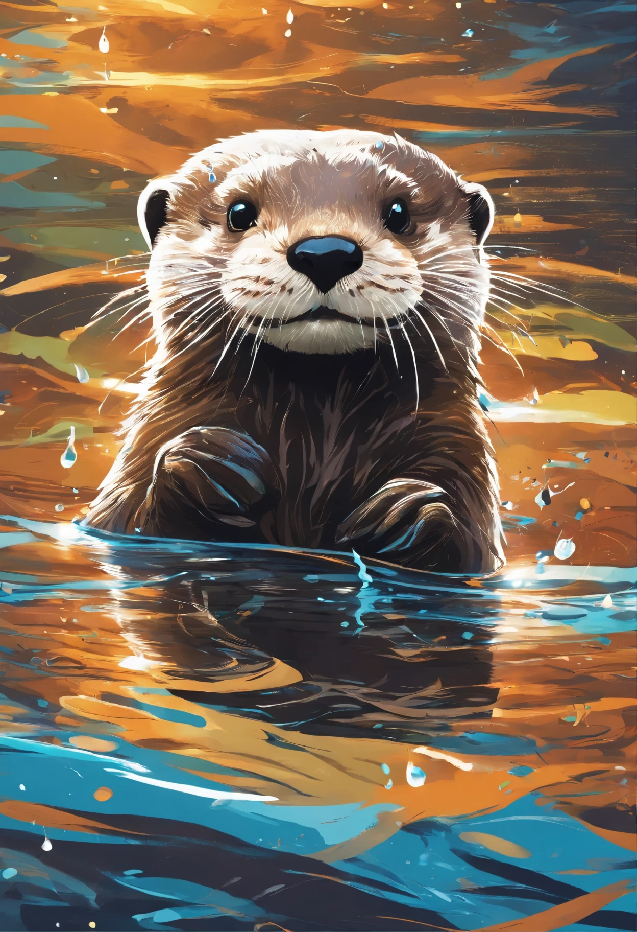 (water surface,river),cute fluffy otter,playful otter,curious otter,shiny brown fur,smooth fur texture,splashes of water,sparkling water droplets,rippling water reflections,beautiful nature scenery,fish swimming,twinkling sunlight,rippling waves,peaceful surroundings,vivid colors,realistic details,high-resolution artwork,photorealistic painting,soft natural lighting,wet fur effect,expressive eyes and whiskers,mischievous expression,energetic diving and swimming,happy otter playing