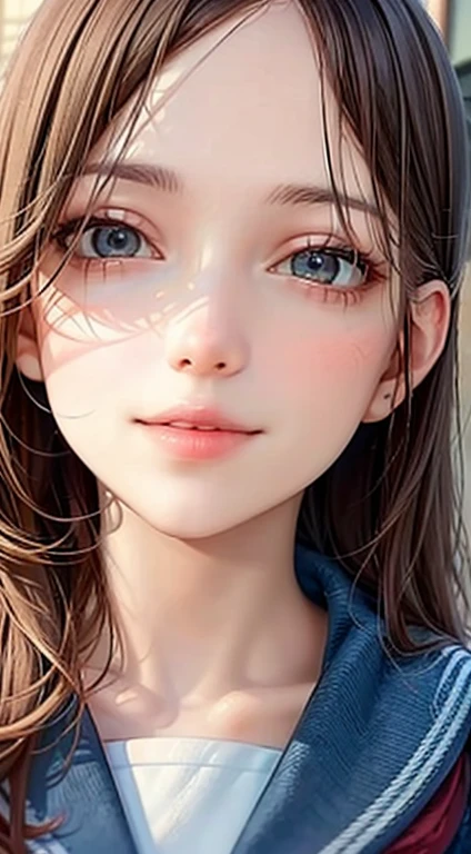 1girl in, Extremely cute, Amazing face and eyes, (Beautiful lovely smile), (extremely detailed beautiful face), bright and shiny lips, Keep staring at me, Super beautiful, (School uniform:1.3), (Best Quality:1.4), (hyper quality), (Ultra-detailed), (Hyper-realistic, Photorealsitic:1.37), Authentic skin texture, Highly detailed CG integrated 8k wallpapers, RAW Photos, professional photograpy, Cinematic lighting,