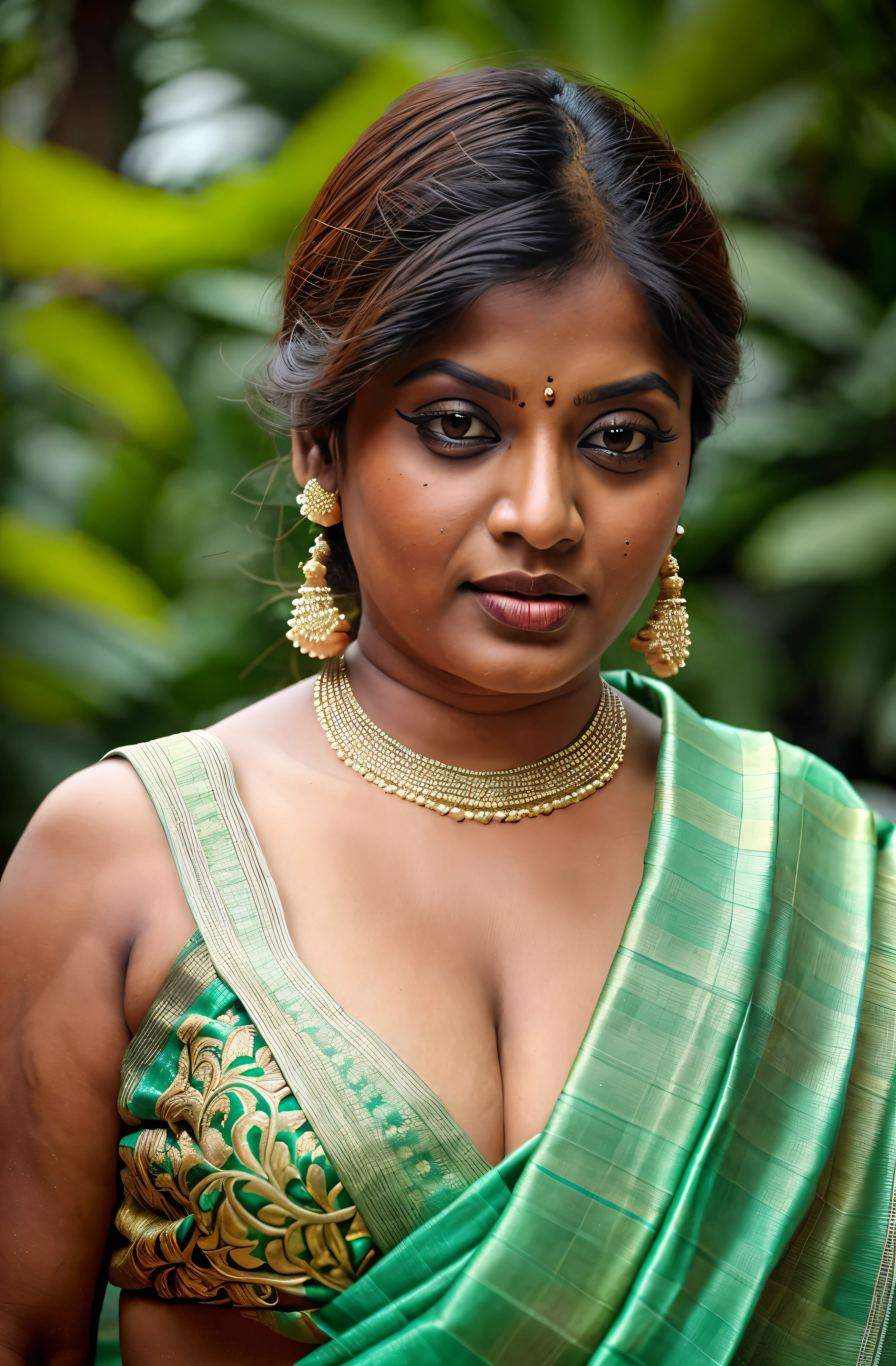 Looks like Indian Actress Ester Noronha, An Extremely gorgeous and beautiful Bengali village woman, 45 yo, pale white skin, sensual appealing body, perfect thick and chubby Beauty, wearing saree bare-chested, wearing a Bengali-style saree without a blouse,, ethnic vintage bengali village woman, bengali style saree, The sari was worn without a blouse and petticoat before the British Raj, baring one's chest or being blouseless, Bengalis a.k.a. Bongs are known for their unique Bengali fashion sense (the way they don that sari makes you go wow), Pre British Raj, Pre colonial era, Bengali Woman draping sari without blouse is a normal thing in pre British Era, bong woman, wearing kajal or kohl or kajol in eyes,