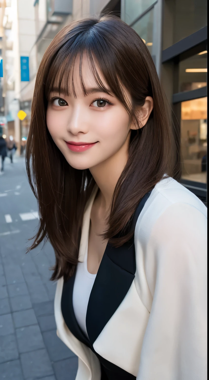 masutepiece, Best Quality, Illustration, Ultra-detailed, finely detail, hight resolution, 8K Wallpaper, Perfect dynamic composition, Beautiful detailed eyes, doress,Medium Hair, Natural Color Lip, Random and sexy poses,Smile,Aoyama Street Walk、32-year-old woman