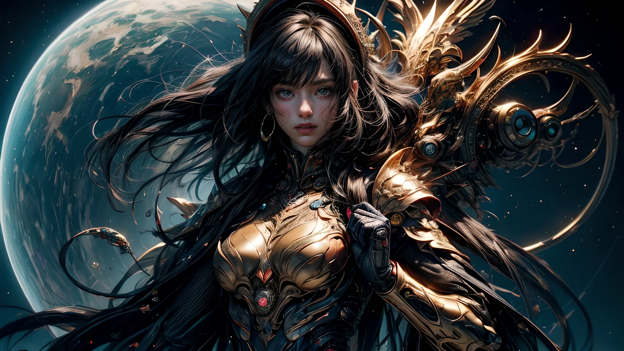 nffsw mechanism, Beautiful eyes, Upper body, （Golden Armor）, Portrait、abyss、Shooting with a wide-angle lens,Lightning from Kaleidoscope Hand、flying though the air、flawless、Neon light, 8K, raw, Best Quality, masutepiece, 超A high resolution, Colorful, (medium wide shot), (Dynamic perspective), sharp focus , (depth of field f16), ighly detailedな目と顔,ninjartist, Trimmed gear:1.2), ((masutepiece, Best Quality)), Detailed background, Inside the spacecraft、Hold your weapon、Double exposure of a person and a spiral、（Golden blond hair）、brue eyes、dirty、bio luminescent、lots of crescent moons、Photographed with Canon R5,​masterpiece,connected to the plug、spectrum、Space City、ighly detailed beautiful porcelain profile female android face、Complex 3D rendering of a headset、cyborgs、Robot Parts、150mm、Beautiful studio soft lights、Rim Light、Vivid details、luxuriouscyberpunk、Ren Hao、surrealistic、Anatomical、Beautiful background of facial muscles、octan render、8K、top-quality、​masterpiece、illustratio、extremely delicate and beautiful、ighly detailed、nffsw ,Unity ,wall-,magnifica, Attention to detail, ​masterpiece,top-quality,Official art,Highly detailed ticker Unity 8K wallpapers,