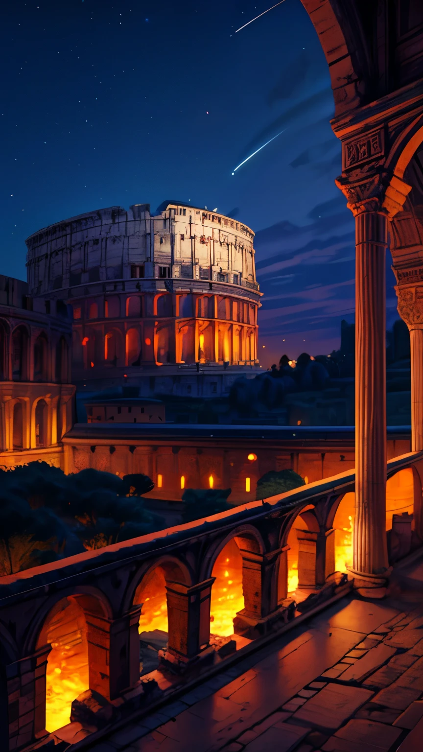 (Better lighting, melhor sombra, obra de arte, alta qualidade), Imagine the awe-inspiring Colosseum in Rome as night falls, its ancient stones bathed in a golden glow from carefully placed lights that highlight its grandeur and historical significance. The iconic arches and towering walls of this ancient amphitheater stand majestically against the night sky, illuminated in a way that emphasizes both their beauty and their enduring strength.

Surrounding the Colosseum, the bustling city of Rome hums with life. Cobblestone streets lead to quaint cafes and trattorias where the aroma of freshly prepared Italian dishes fills the air. Tourists and locals alike gather in open-air terraces, enjoying the lively ambiance and the view of the Colosseum lit up against the backdrop of the starry sky.

Nearby, street performers entertain with classical music and theatrical displays, adding to the vibrant atmosphere. The ruins of ancient Rome, such as the Roman Forum and Palatine Hill, are subtly lit, creating a mystical aura that evokes the grandeur of the empire that once ruled here.

As you walk around the Colosseum, you can almost hear the echoes of history – the roar of the crowds, the clashing of gladiators, and the ceremonies that once took place within its mighty walls. The combination of ancient history and modern vibrancy creates an unforgettable scene, where the past and present merge seamlessly under the Roman night sky."