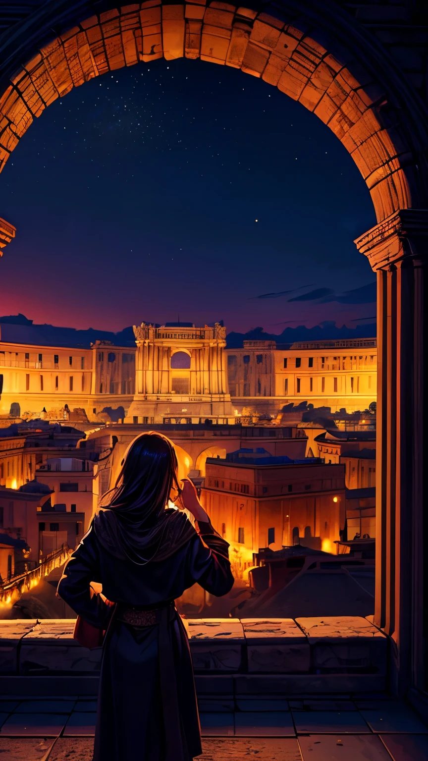 (Better lighting, melhor sombra, obra de arte, alta qualidade), Imagine the awe-inspiring Colosseum in Rome as night falls, its ancient stones bathed in a golden glow from carefully placed lights that highlight its grandeur and historical significance. The iconic arches and towering walls of this ancient amphitheater stand majestically against the night sky, illuminated in a way that emphasizes both their beauty and their enduring strength. Surrounding the Colosseum, the bustling city of Rome hums with life. Cobblestone streets lead to quaint cafes and trattorias where the aroma of freshly prepared Italian dishes fills the air. Tourists and locals alike gather in open-air terraces, enjoying the lively ambiance and the view of the Colosseum lit up against the backdrop of the starry sky. Nearby, street performers entertain with classical music and theatrical displays, adding to the vibrant atmosphere. The ruins of ancient Rome, such as the Roman Forum and Palatine Hill, are subtly lit, creating a mystical aura that evokes the grandeur of the empire that once ruled here. As you walk around the Colosseum, you can almost hear the echoes of history – the roar of the crowds, the clashing of gladiators, and the ceremonies that once took place within its mighty walls. The combination of ancient history and modern vibrancy creates an unforgettable scene, where the past and present merge seamlessly under the Roman night sky."