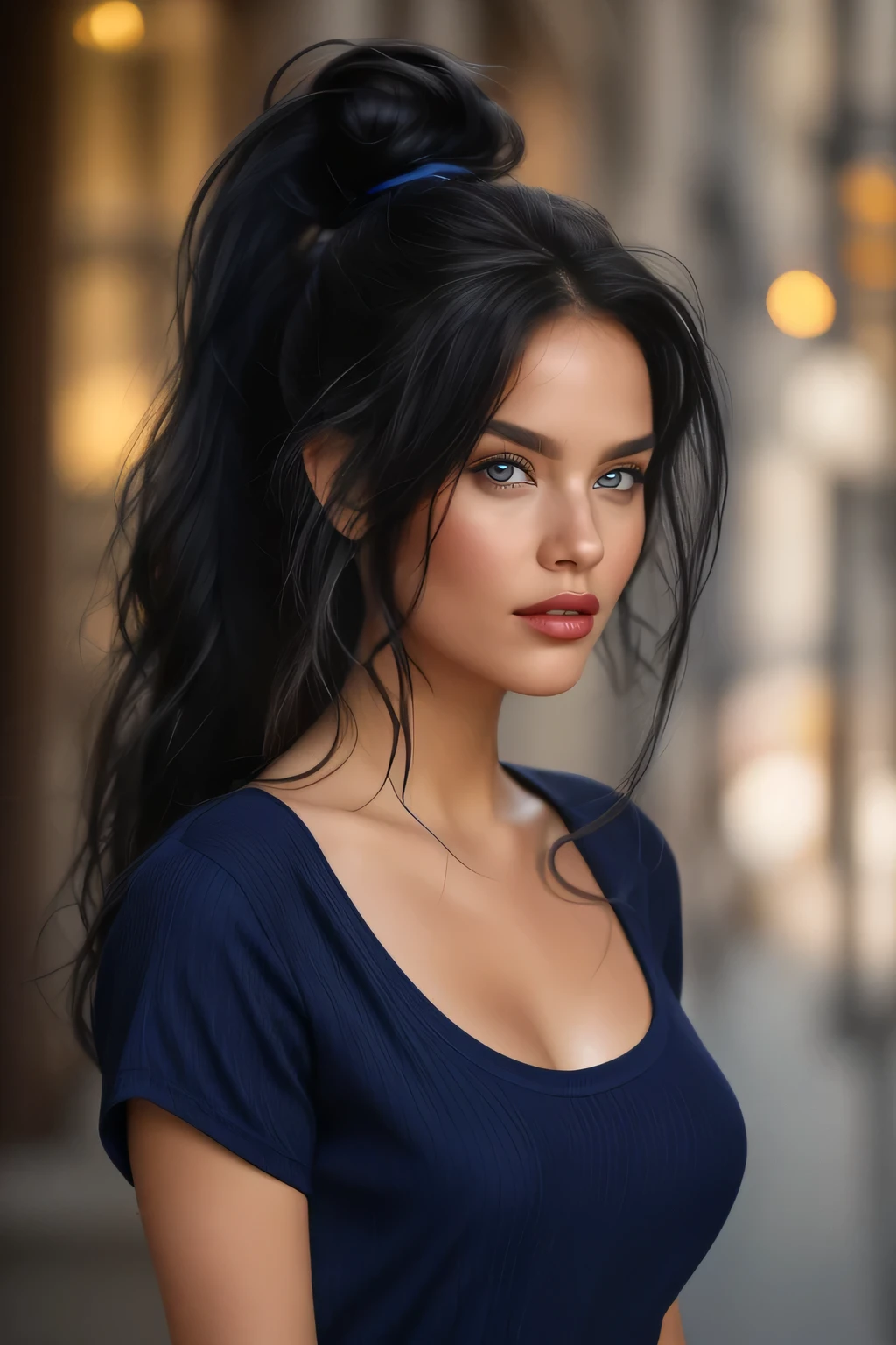 bellissima,1girl,Caucasian woman, blue-black hair, wavy hair, long hair, hair in a ponytail, blue eyes, lined eyes, shiny eyes, highlights blue eyes, red lipstick, makeup, smile, (athletic body), (medium breasts), nipples, (((navy blue top))), Low-cut top, Front shot.