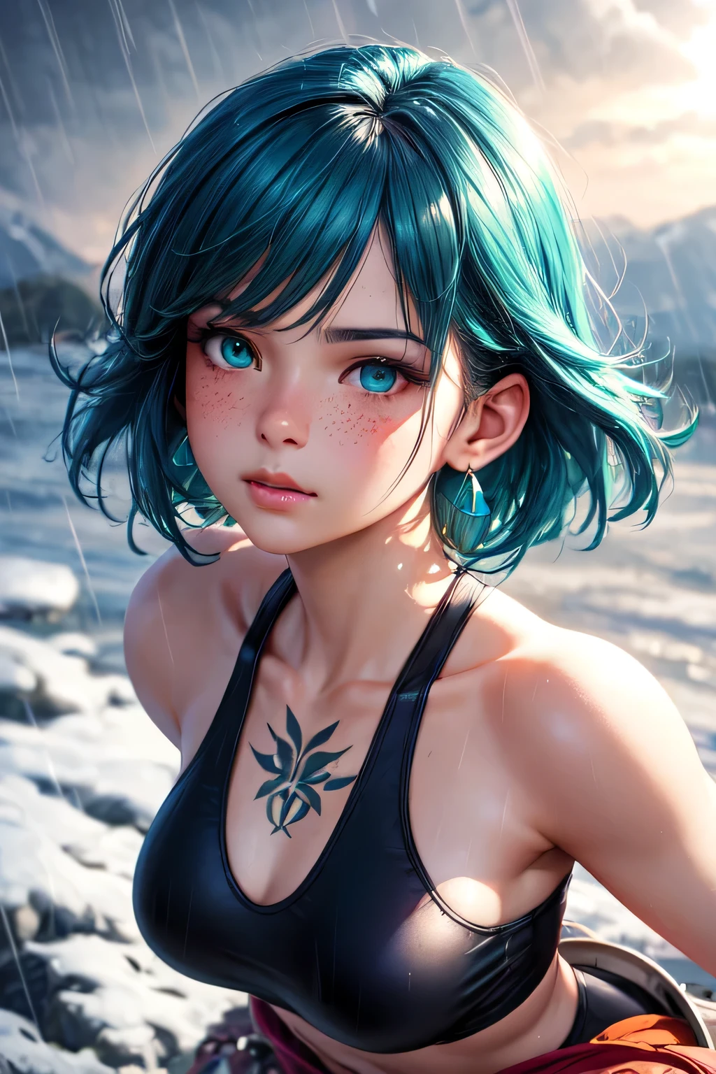 ((melhor qualidade)), ((obra de arte)), (detalhado), rosto perfeito, girl, model 3d, freckers, dark skin, white eyebrow, strong wind, in the middle of a rain lightning, heterochromia, lens flare, short hair, cyan hair, jumping, snowing, in mountain, wearing suitswim, shining cyan eyes, eye shining intense cyan, clothes with real texture, shining hair, very detailed, mixing anime with real life, tatoo, wearing earrings, real hair, very detailed hair, vibrant color, sushine, real shadow, high quality of shadows, small breats, large thighs, detailed clothes, cinematic shot, dynamic lighting, Technicolor, Panavision, cinemascope, sharp focus, fine details, 8k, HDR, realism, realistic, film still, cinematic color grading, depth of field, photorealistic oil painting, by charlie bowater, fine details, by wlop, trending on artstation, very detailed, professional lighting, taken with Canon EOS R5, 75mm lens, focus on face, close up, high angle, leaning forward
