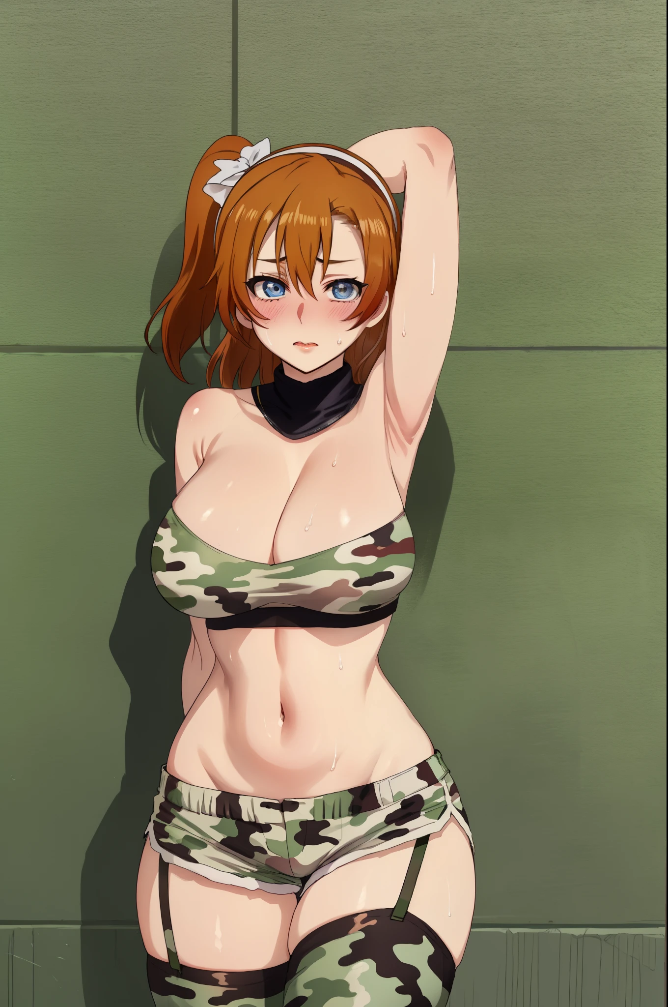 Solo,Kousaka honoka, blue eyes, cowboy shot, white head band, strapless crop top, Camouflage paint,army shorts, Camouflage print thighhighs, thighs strap,big breasts,thicc , curvy body,sweaty, (arms straight up:1.2)