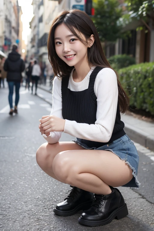 A girl in a miniskirt is squatting and smiling
