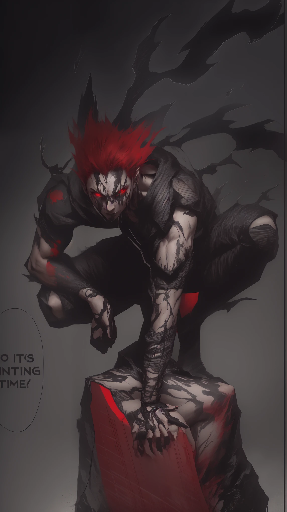 A person sitting on rock, wearing ripped black cloth, red hair, red eyes,anime art style, dark fog background,