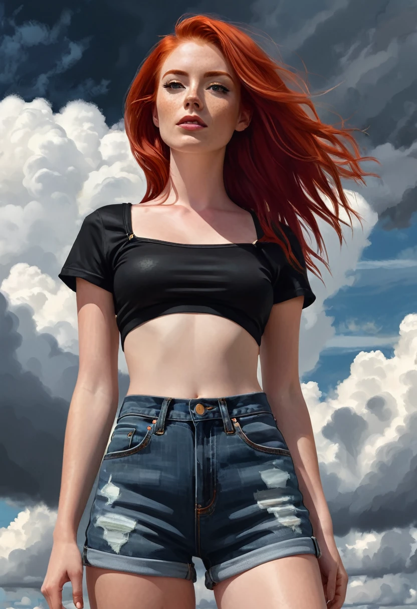 A digital painting of a red-haired woman in a black crop top and jean shorts, standing in front of a cloudy sky.