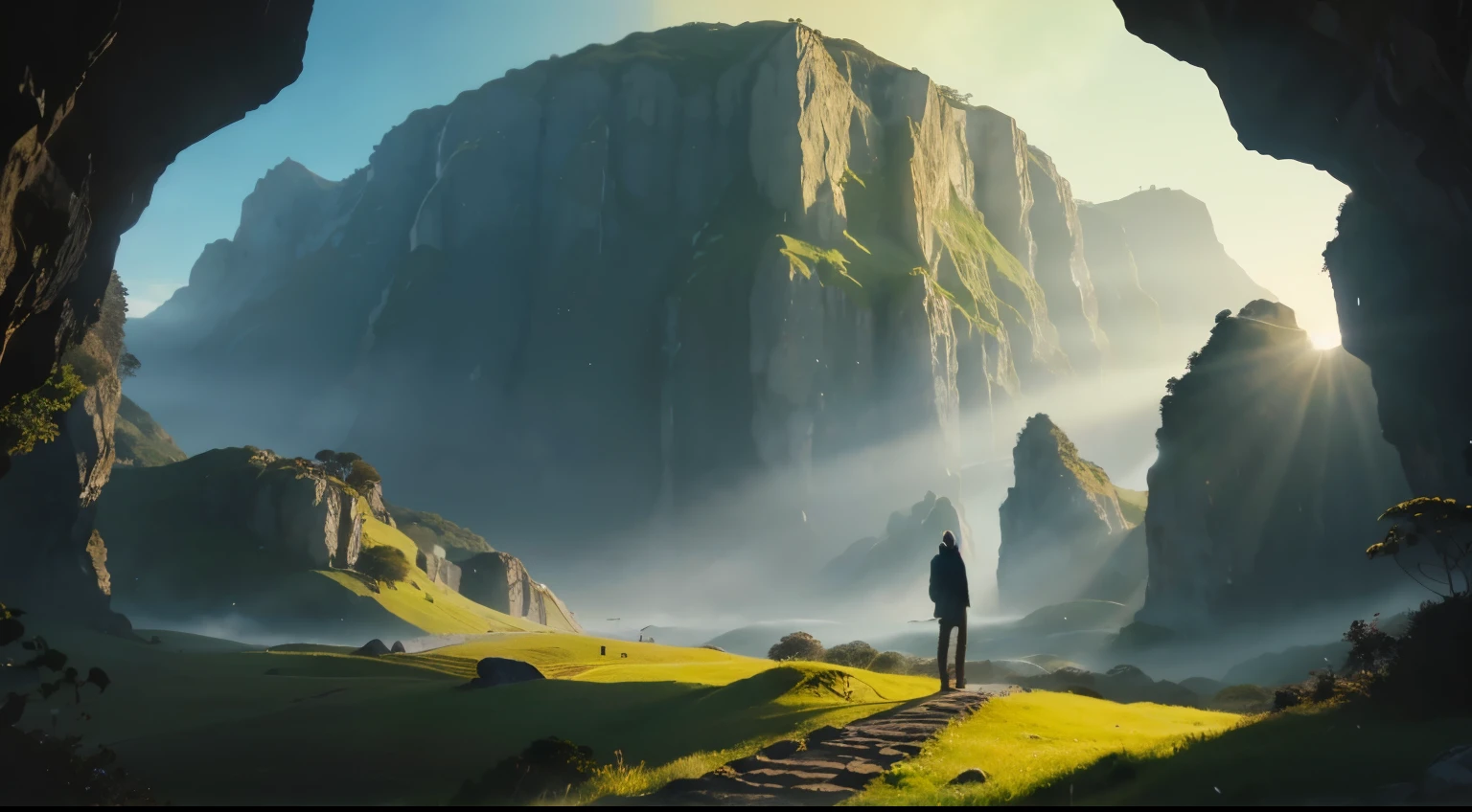 Full body of a wizard standing and facing away, vestindo um manto e um capuz, he is at the entrance of a cave, do alto da montanha. Ao fundo, o sol nascente. Abaixo de um mar de morros. Mist on the hills. Landscape. cinematic lighting