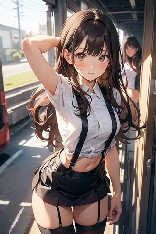 brown hair、looking at the viewer suspenders Bulging big breasts Black miniskirt garter belt knee high socks Gaze small face bangs Beauty hands up Gaze black boots provocation armpit sweat one person put your hands behind your back cutter shirt Panty shot