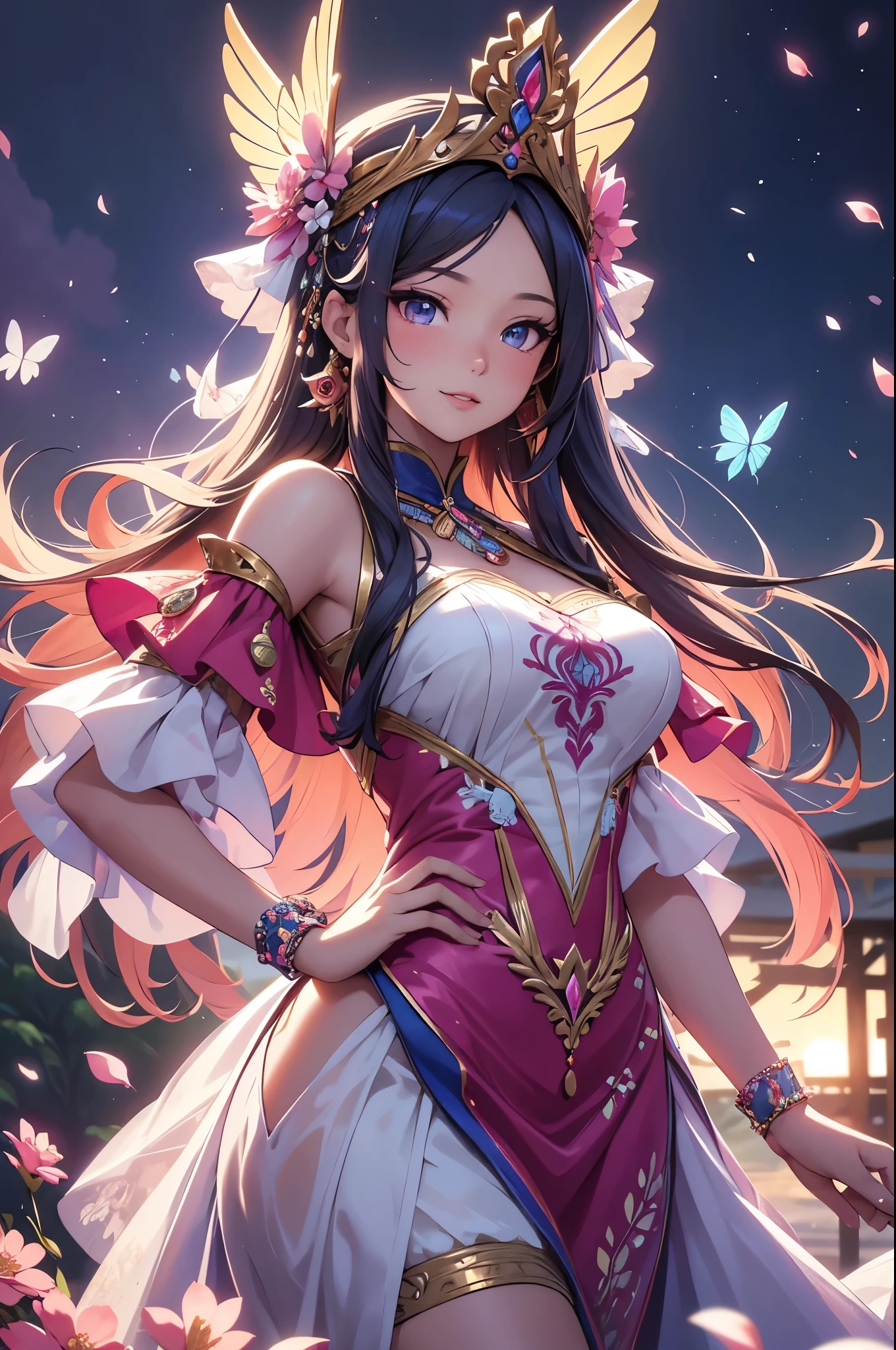 (best quality,4k,8k,highres,masterpiece:1.2),ultra-detailed,(realistic,photorealistic,photo-realistic:1.37),acrylic painting,beautiful Indonesian model in a Lolita dress with downy hair,beautiful Indonesian model with extremely colorful hair and detailed facial features,beautiful Indonesian model standing in a beautiful garden surrounded by a starry sky,beautiful Indonesian model wearing a vibrant Lolita dress,beautiful Indonesian model with intricate accessories and a matching hat,beautiful Indonesian model posing gracefully with her hands on her hips,beautiful Indonesian model with long flowing twintails,beautiful Indonesian model with bright blue eyes and rosy lips,beautiful Indonesian model with a joyful expression,beautiful Indonesian model in a dynamic pose with cherry blossoms falling around her,beautiful Indonesian model surrounded by colorful flowers and butterflies,beautiful Indonesian model's dress adorned with cute bows and lace details,beautiful Indonesian model with an enchanting smile,beautiful Indonesian model with soft, pastel-colored shading,beautiful Indonesian model with a magical glow illuminating her,beautiful Indonesian model in a picturesque setting with a winding path leading to a magnificent castle,beautiful Indonesian model holding a microphone and singing passionately,beautiful Indonesian model with a fairytale-like background,beautiful Indonesian model with a soft, dreamy atmosphere,beautiful Indonesian model with a subtle bokeh effect,beautiful Indonesian model standing under a moonlit sky,beautiful Indonesian model with a warm, golden sunset in the background,beautiful Indonesian model surrounded by twinkling stars and colorful nebulae,creating an ethereal and captivating artistic masterpiece.