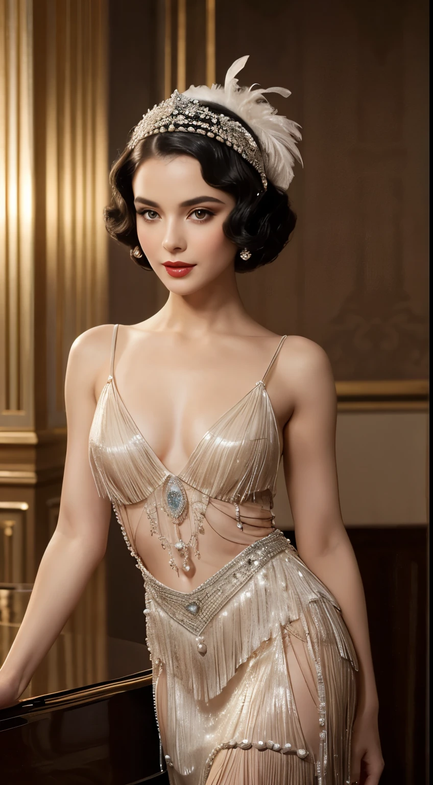 (1920's),(hollywood),(beautiful),(nude),actress woman,classic black-and-white,piano,keylight,smoky,soft-focus,glamorous,retro,ivory skin,portrait,delicate features,expressive eyes,sensual lips,vintage fashion,dazzling jewelry,flapper dress,feather headpiece,pearls,art deco set design,old Hollywood glamour,sophisticated allure,luxurious ambiance,graceful posture,confident smile,drama,black-and-white film,director's chair,red carpet,A-list celebrities,glitz and glamor,movie star,iconic beauty,intense gaze,mystery and intrigue,exquisite details,highly elegant,romantic atmosphere,beautifully composed image,classic Hollywood,graceful movements,sparkling eyes,retro hairstyle,glamorous makeup,exquisite wardrobe,vintage elegance,quiet sophistication,poise and charm,fine art photography,vintage cinematography,radiant beauty,timeless allure.