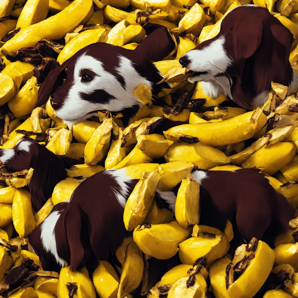 Dog eating a banana