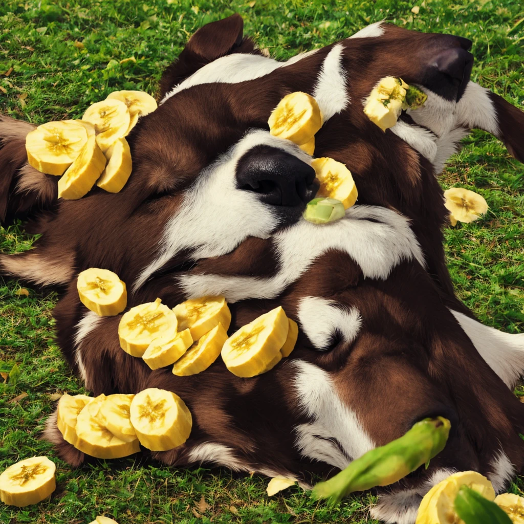 Dog eating a banana 