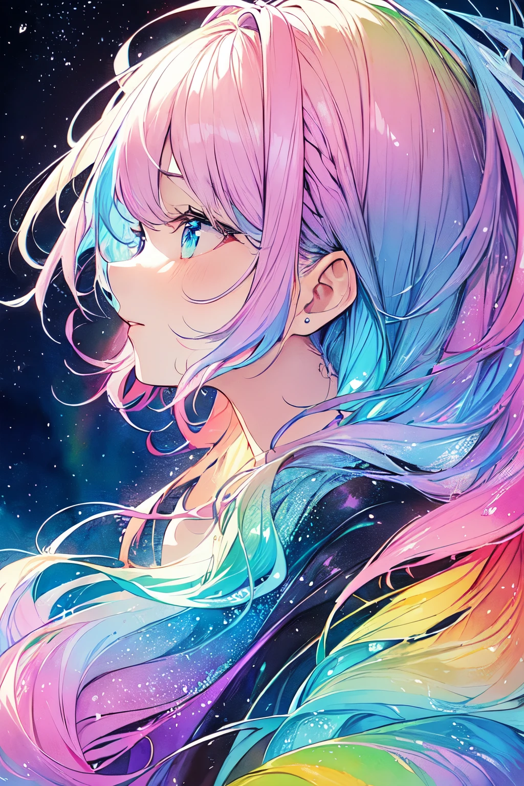 A close up of a person with long hair and a rainbow colored hair ...